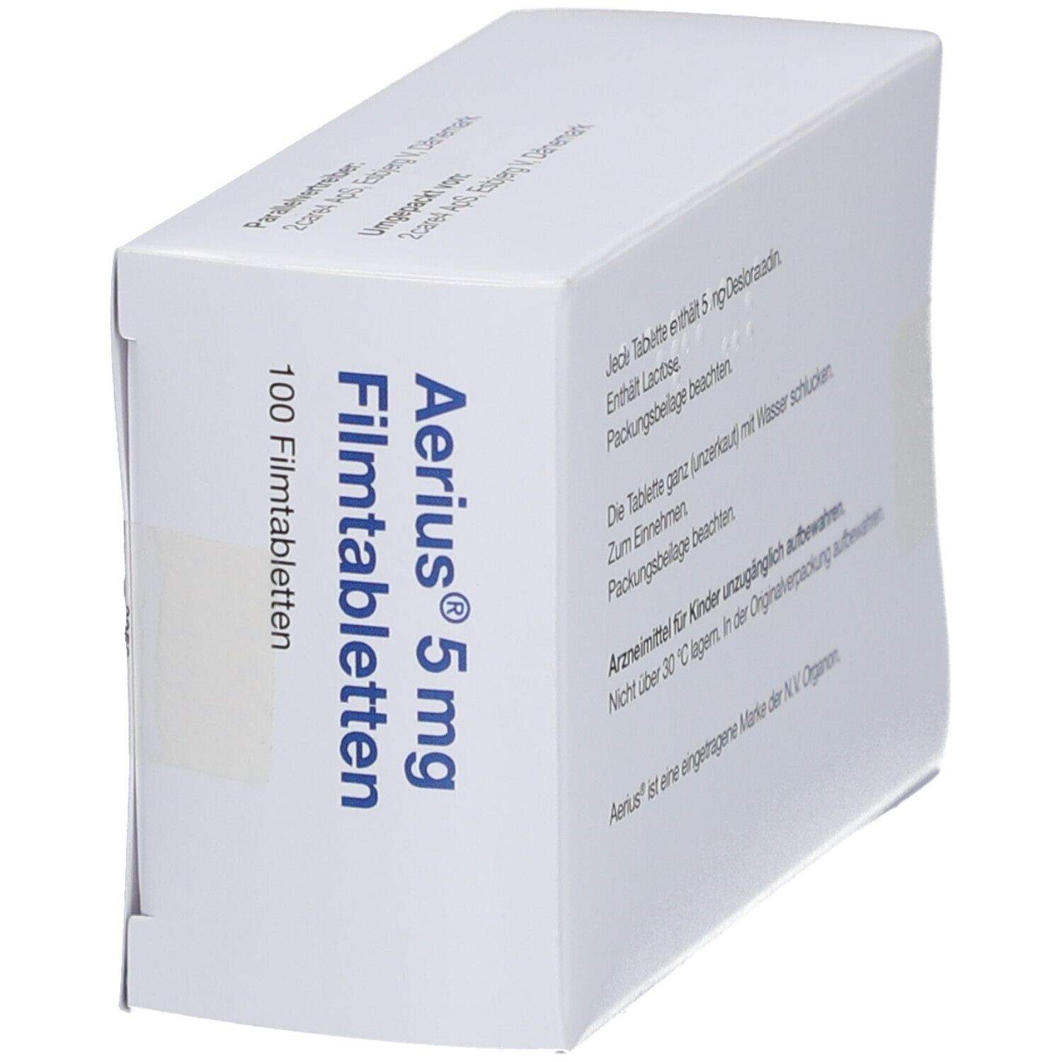 Schachtel mit blauer Aufschrift: Aerius 5 mg Filmtabletten, Desloratadin, 100 Filmtabletten. Perspektivische Ansicht.