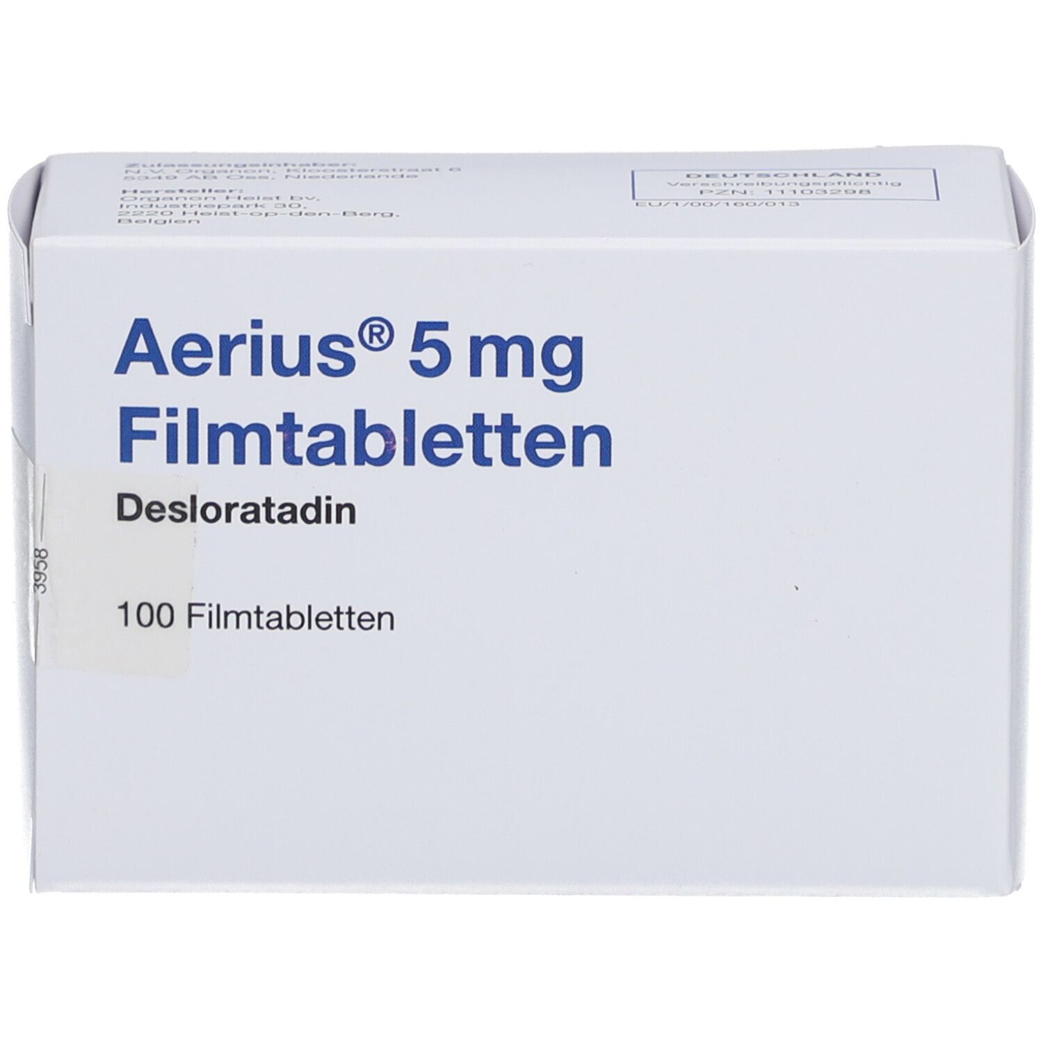 Weiße Schachtel mit blauer Aufschrift: Aerius 5 mg Filmtabletten, Desloratadin, 100 Filmtabletten. Produktverpackung.