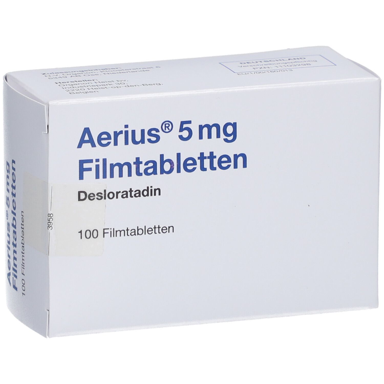 Weiße Schachtel mit blauer Aufschrift: Aerius 5 mg Filmtabletten, Desloratadin, 100 Filmtabletten. Produktverpackung.