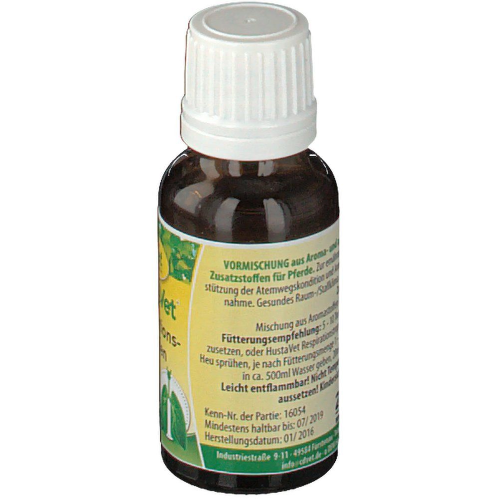 Braune Glasflasche mit weißem Deckel. Rückseite mit Text. Aufschrift: Zusatzstoffe für Pferde. Fütterungsempfehlung.