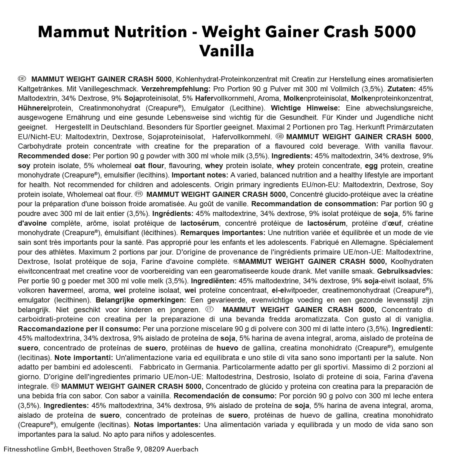 Mammut Weight Gainer Crash 5000, Vanille