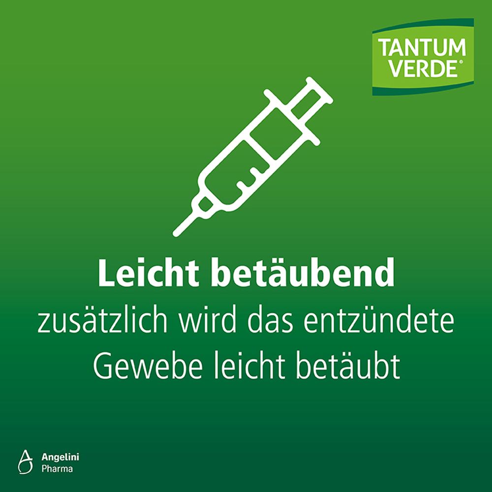 TANTUM VERDE®: Leicht betäubend. Spritzen-Icon. Grüner Hintergrund.