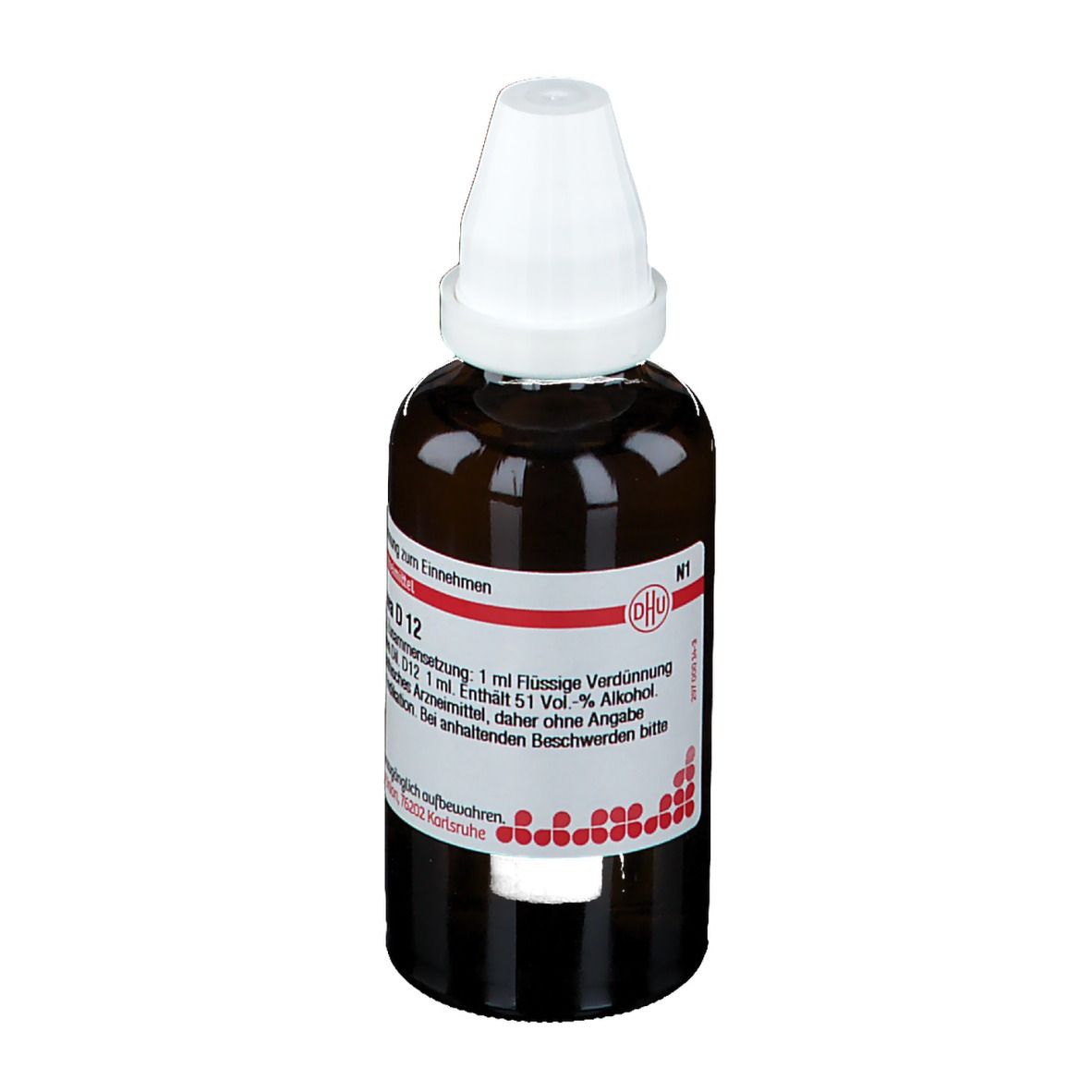 Braune Glasflasche mit weißem Verschluss. Etikett mit Text. DHU-Logo. Flüssige Verdünnung.