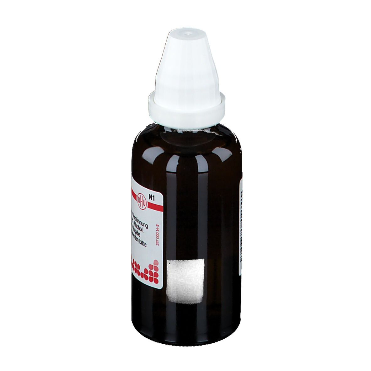 Braune Glasflasche mit weißem Verschluss. Etikett mit Text. DHU-Logo. Flüssige Verdünnung.