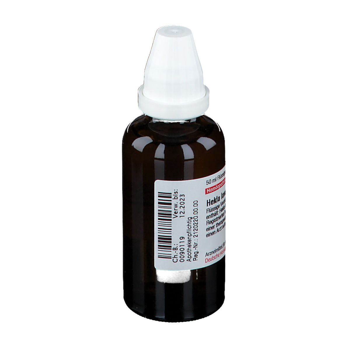 Braune Glasflasche mit weißem Verschluss. Etikett mit Text. DHU-Logo. Flüssige Verdünnung.