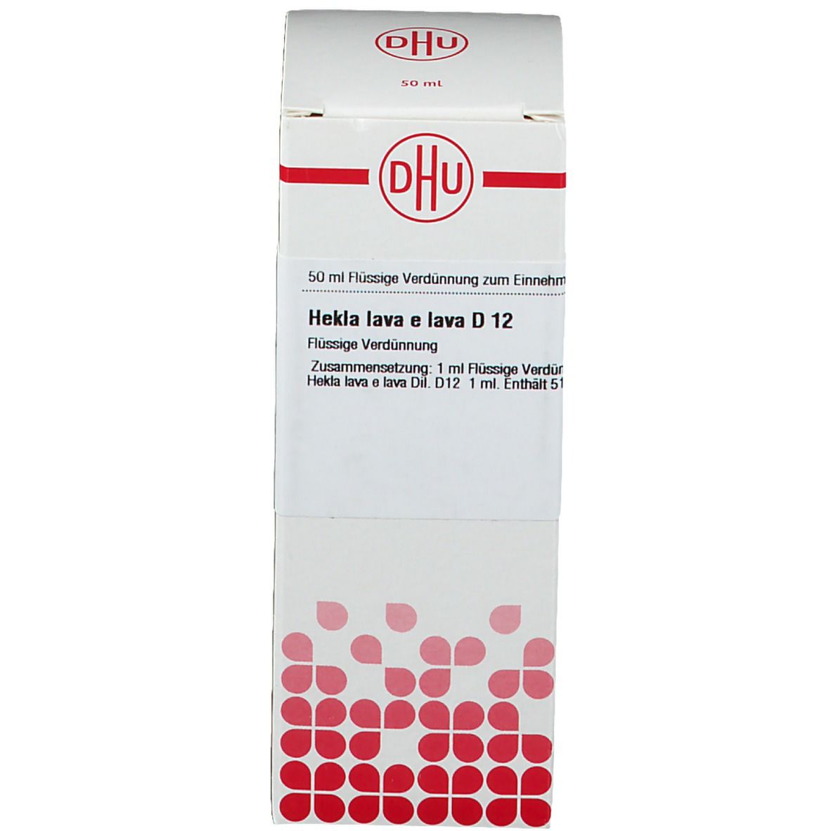 Weiße Schachtel mit DHU-Logo und Produktbezeichnung. Flüssige Verdünnung. Rote Punkte.