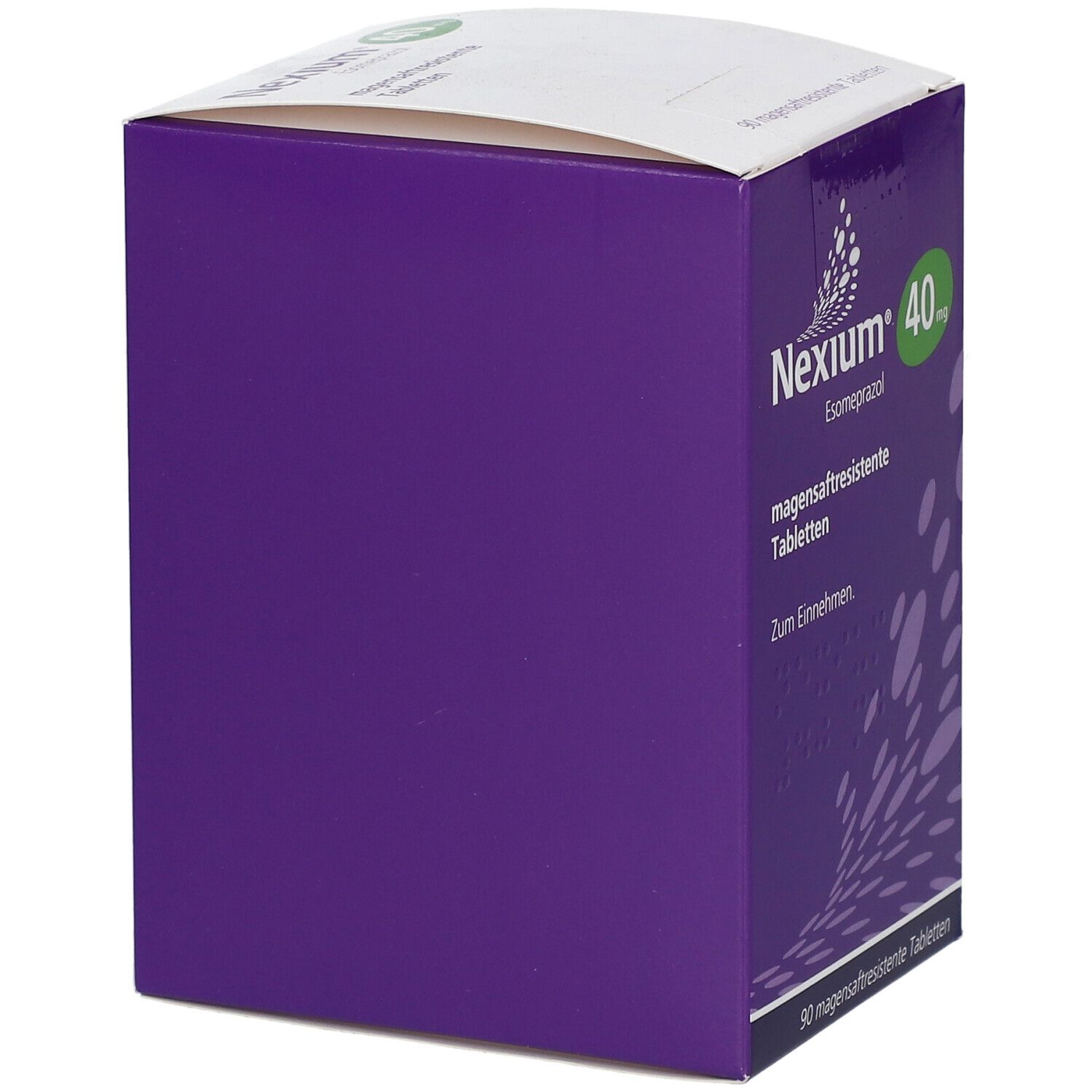 Lila Schachtel mit weißem Deckel. Aufschrift: Nexium 40 mg, Esomeprazol, magensaftresistente Tabletten. Eckansicht.
