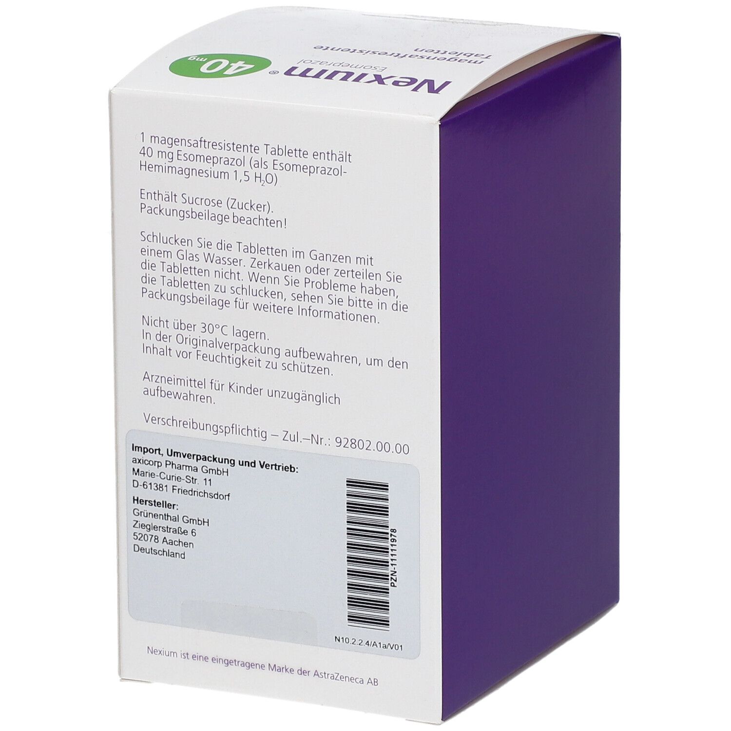 Rückseite der Nexium 40 mg Schachtel. Enthält Informationen zu Inhaltsstoffen, Anwendung und Hersteller.