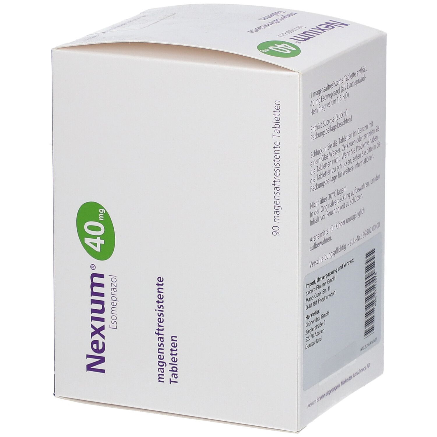 Schachtel mit Nexium 40 mg Tabletten. Weiß und lila. Aufschrift: Nexium, 40 mg, Esomeprazol, magensaftresistente Tabletten.