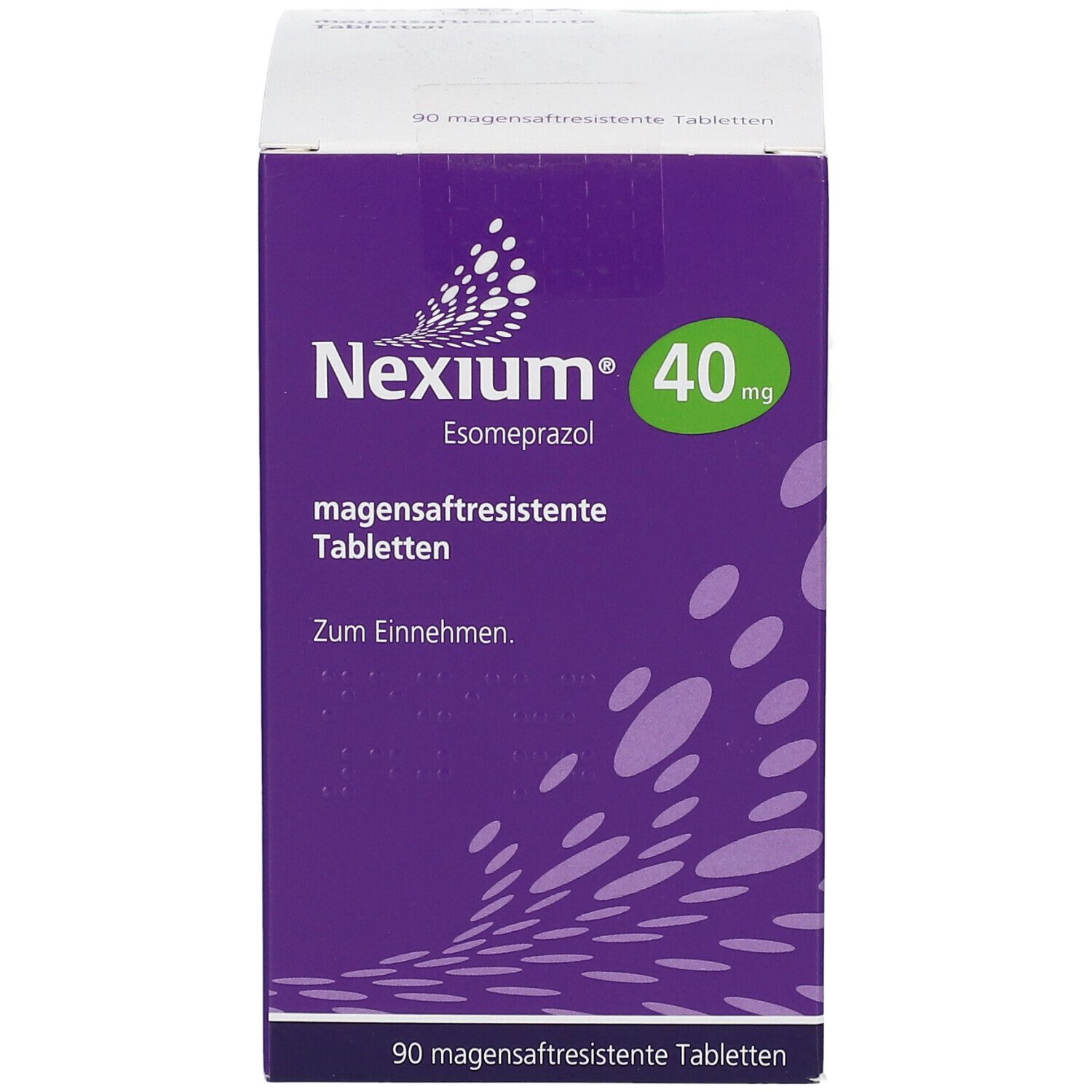 Vorderansicht der Nexium 40 mg Schachtel. Aufschrift: Nexium, 40 mg, Esomeprazol, magensaftresistente Tabletten.