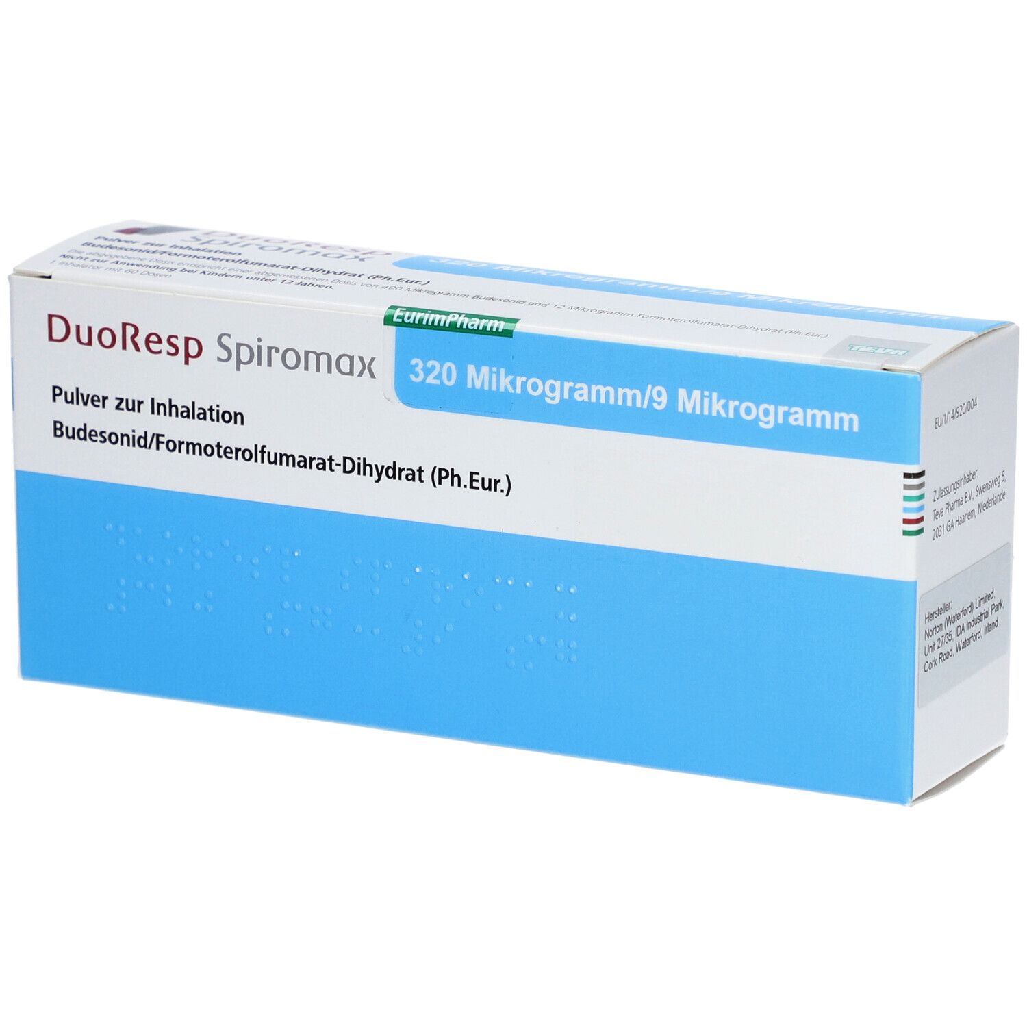 Blau-weiße Schachtel mit DuoResp Spiromax-Aufdruck. Enthält 320 Mikrogramm/9 Mikrogramm. Text: Pulver zur Inhalation.