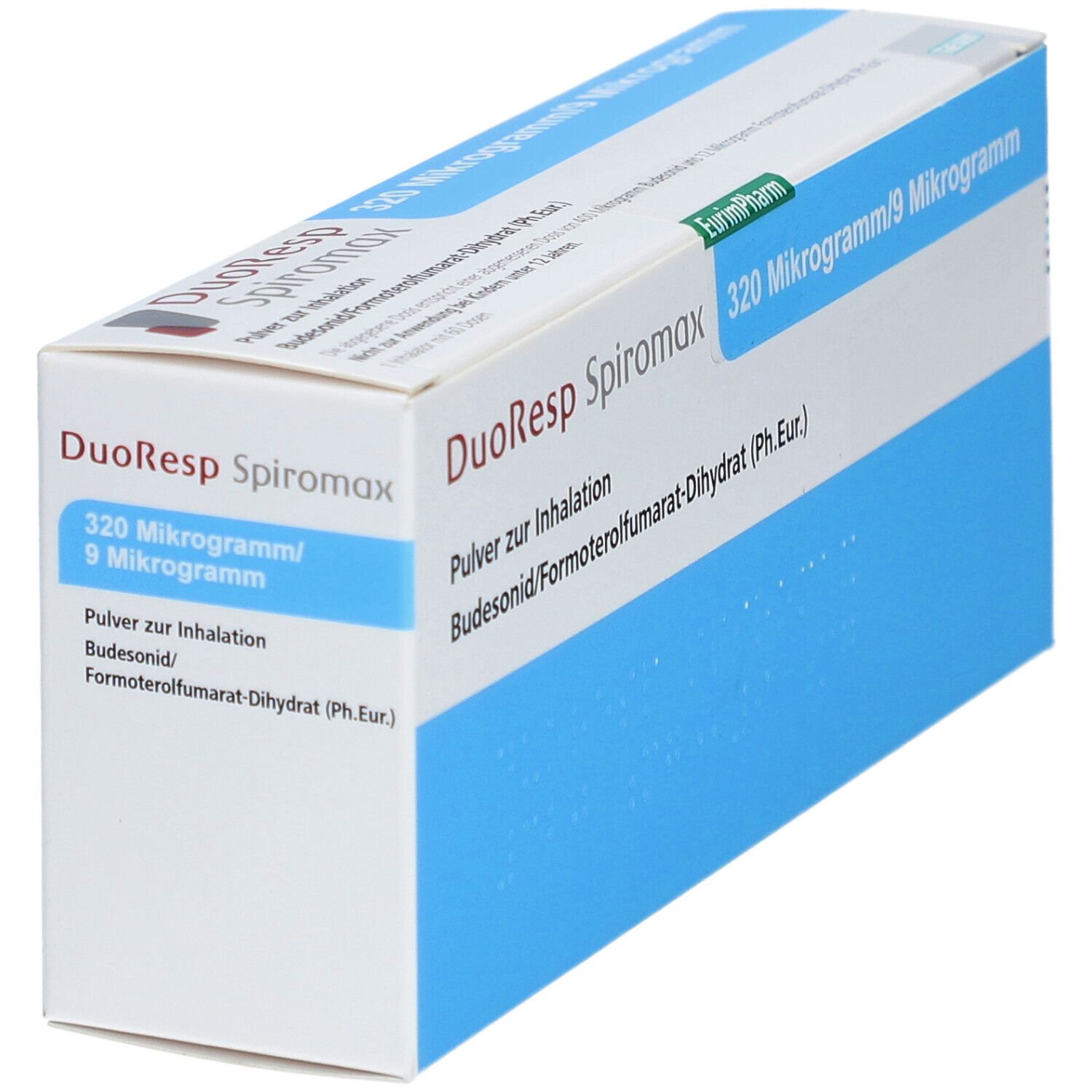 Schachtel DuoResp Spiromax, blau-weiß. Aufdruck: 320 Mikrogramm/9 Mikrogramm. Text: Pulver zur Inhalation. Budesonid/Formoterolfumarat-Dihydrat.