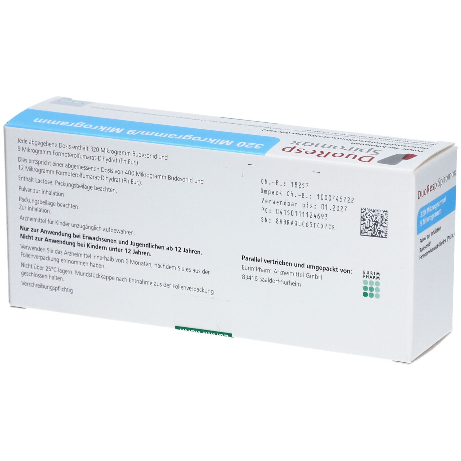 Rückseite der DuoResp Spiromax-Schachtel. Text: 320 Mikrogramm/9 Mikrogramm. Enthält Budesonid und Formoterolfumarat-Dihydrat. Informationen und Warnhinweise.
