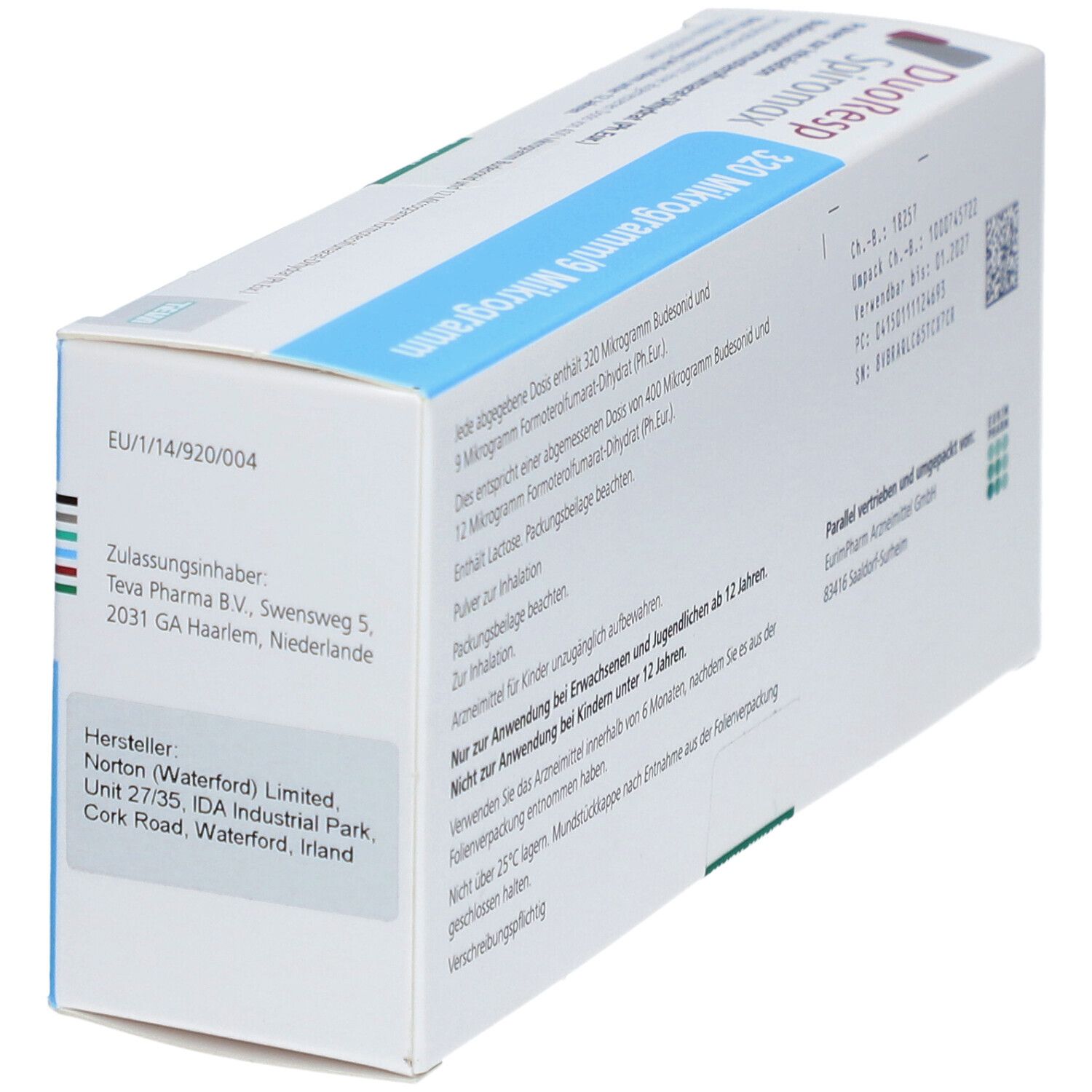 DuoResp Spiromax-Schachtel, Seitenansicht. Text: 320 Mikrogramm/9 Mikrogramm. Herstellerinformationen und Zulassungsnummern.