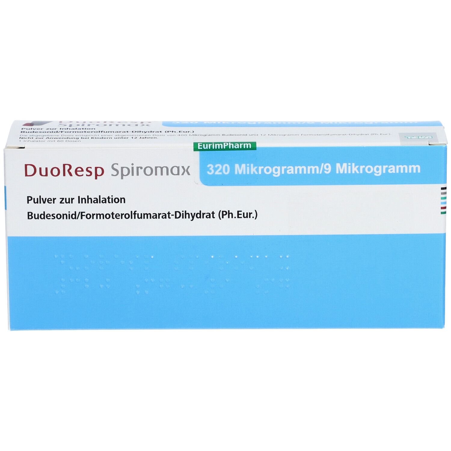 DuoResp Spiromax-Schachtel, blau-weiß. Aufdruck: 320 Mikrogramm/9 Mikrogramm. Text: Pulver zur Inhalation. Budesonid/Formoterolfumarat-Dihydrat.