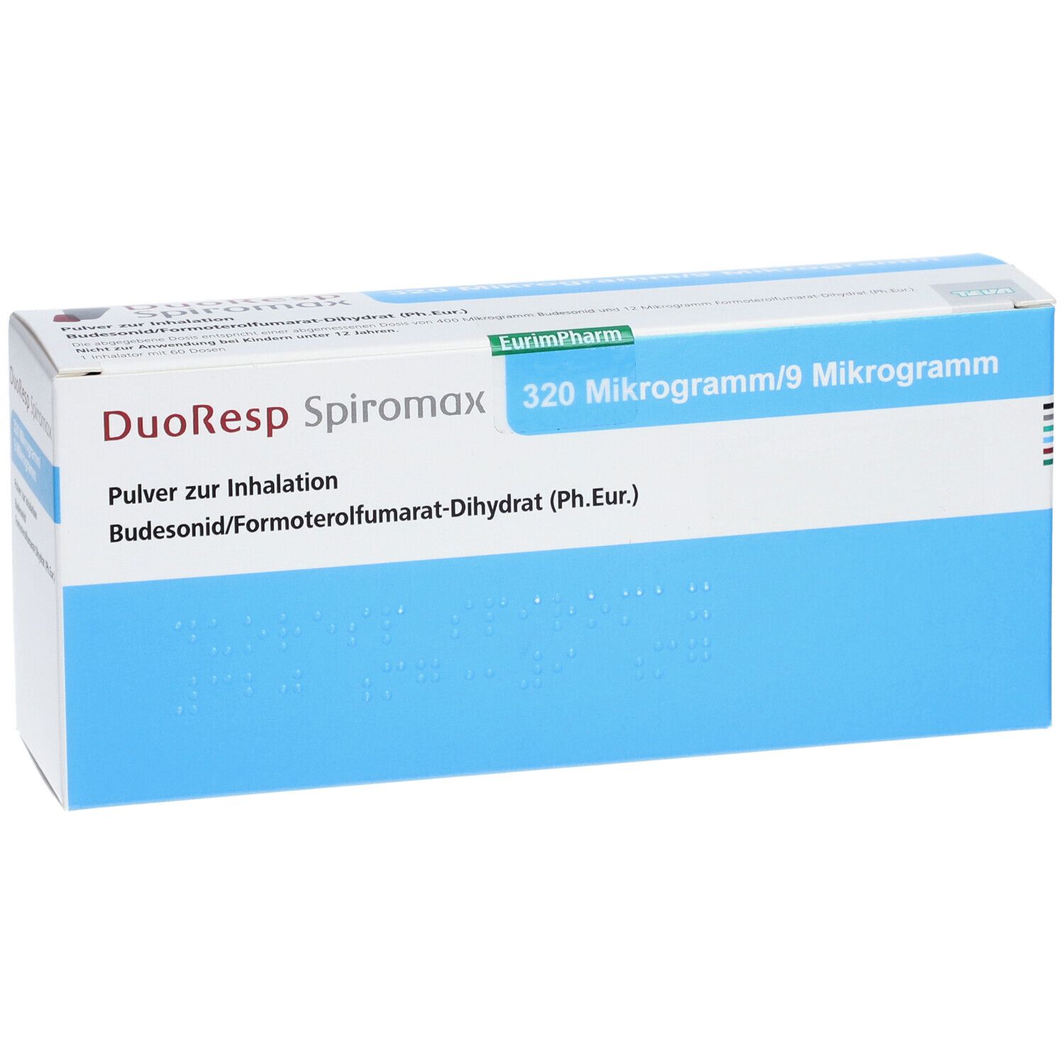 DuoResp Spiromax-Schachtel, blau-weiß. Aufdruck: 320 Mikrogramm/9 Mikrogramm. Text: Pulver zur Inhalation. Budesonid/Formoterolfumarat-Dihydrat.