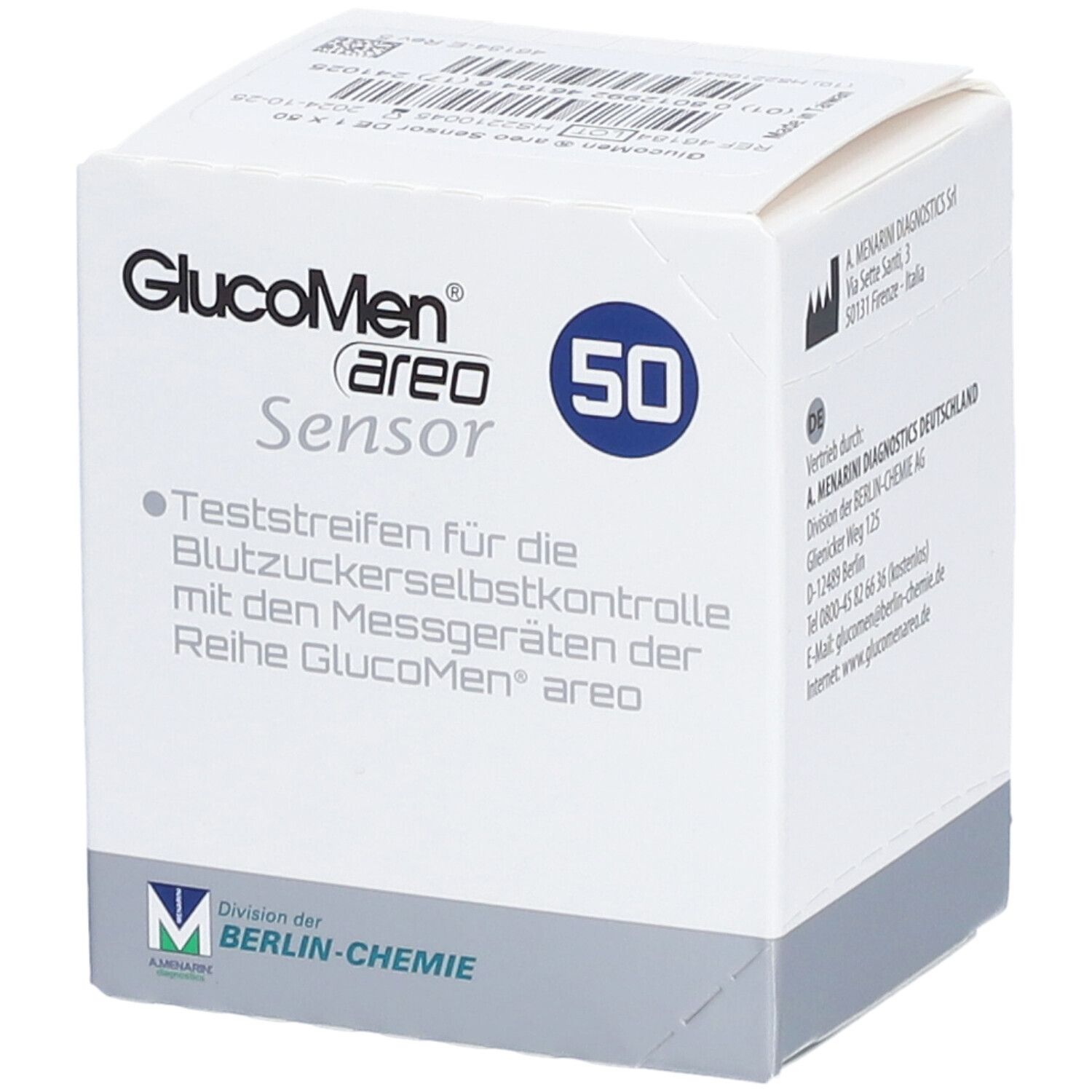 Weißer Karton mit GlucoMen areo Sensor. Blaue Zahl 50. Text: Teststreifen für Blutzuckerselbstkontrolle. Berlin-Chemie Logo.