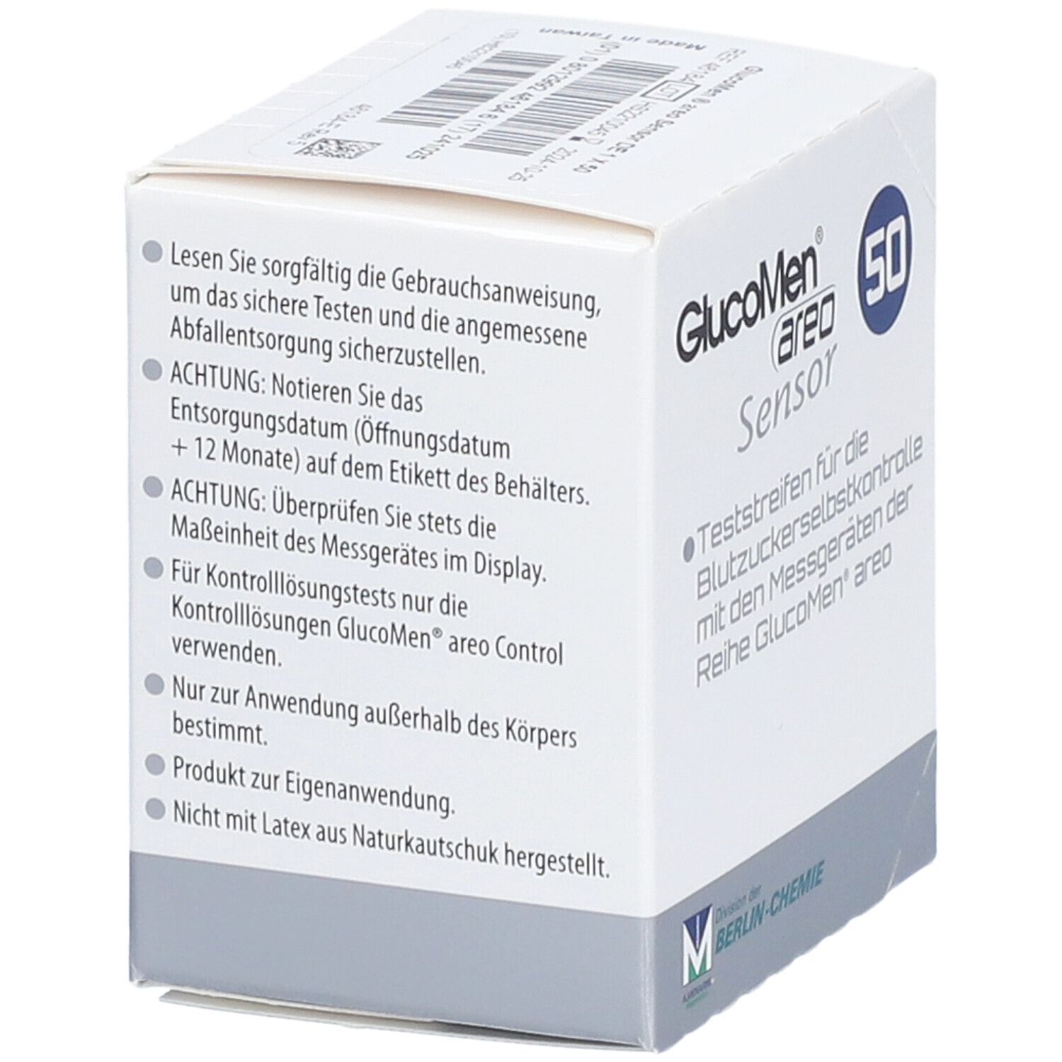 Weißer Karton mit Text. GlucoMen areo Sensor. Blaue Zahl 50. Text: Gebrauchsanweisung, Entsorgungsdatum, Messgeräte. Berlin-Chemie Logo.