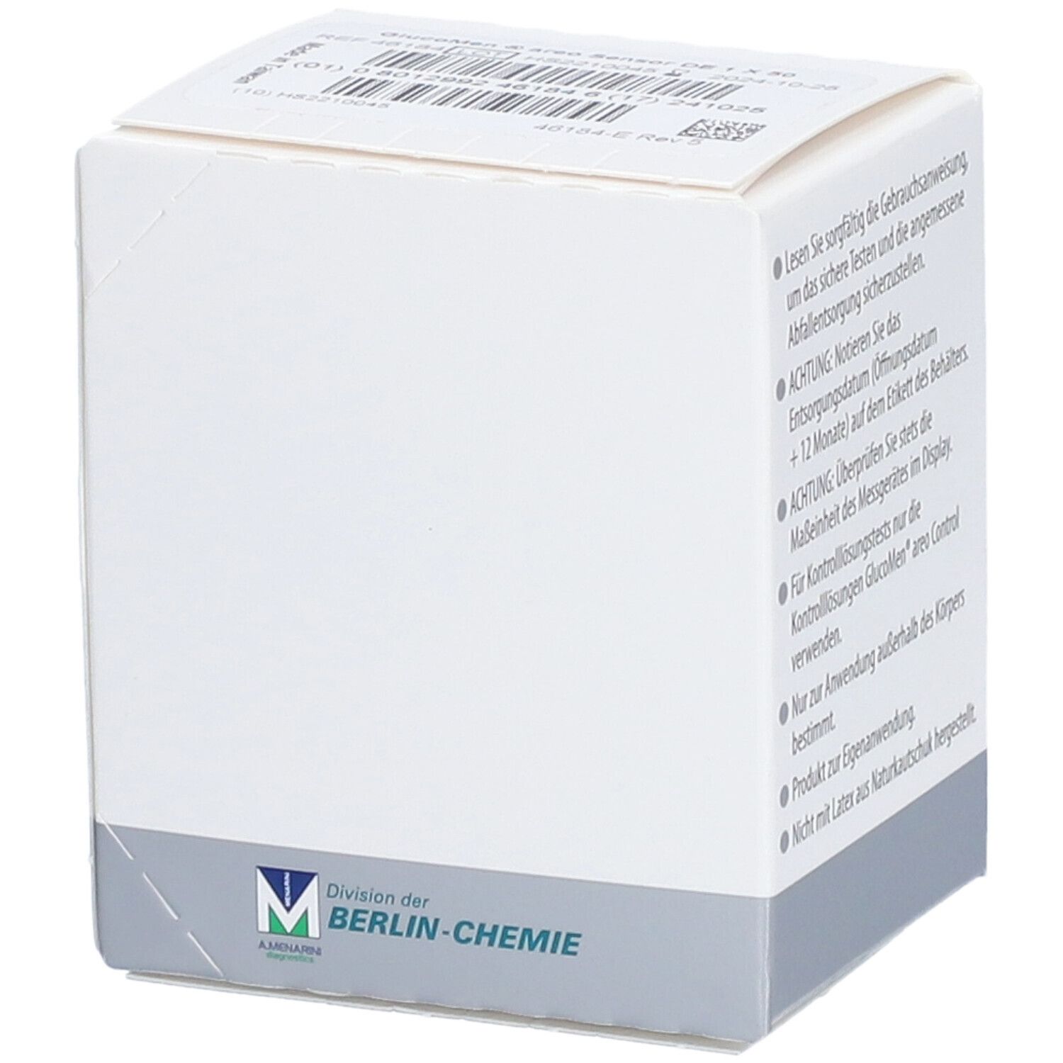 Weißer Karton mit Text. Berlin-Chemie Logo. Grauer Streifen am unteren Rand. Text: Gebrauchsanweisung, Entsorgungsdatum, Messgeräte.