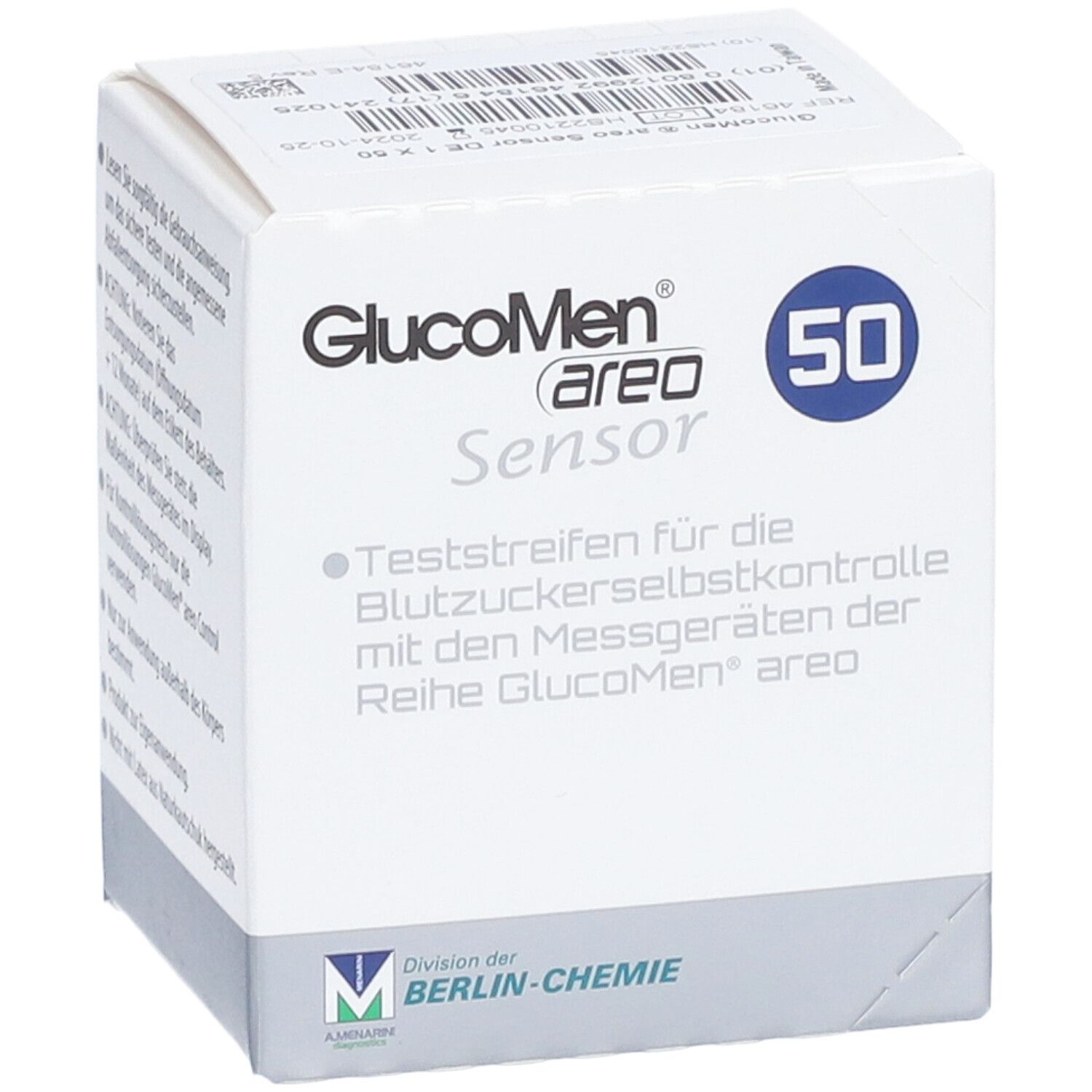 Weißer Karton mit GlucoMen areo Sensor. Blaue Zahl 50. Text: Teststreifen für Blutzuckerselbstkontrolle. Berlin-Chemie Logo.