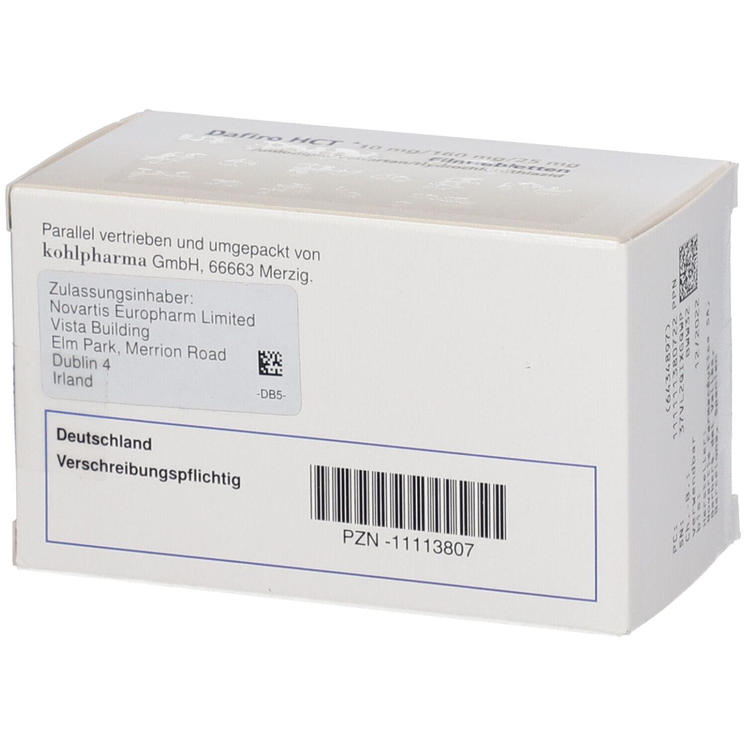 Schachtel mit Dafiro HCT 10 mg/160 mg/25 mg Filmtabletten. Aufschrift: Amlodipin/Valsartan/Hydrochlorothiazid. 98 Filmtabletten.