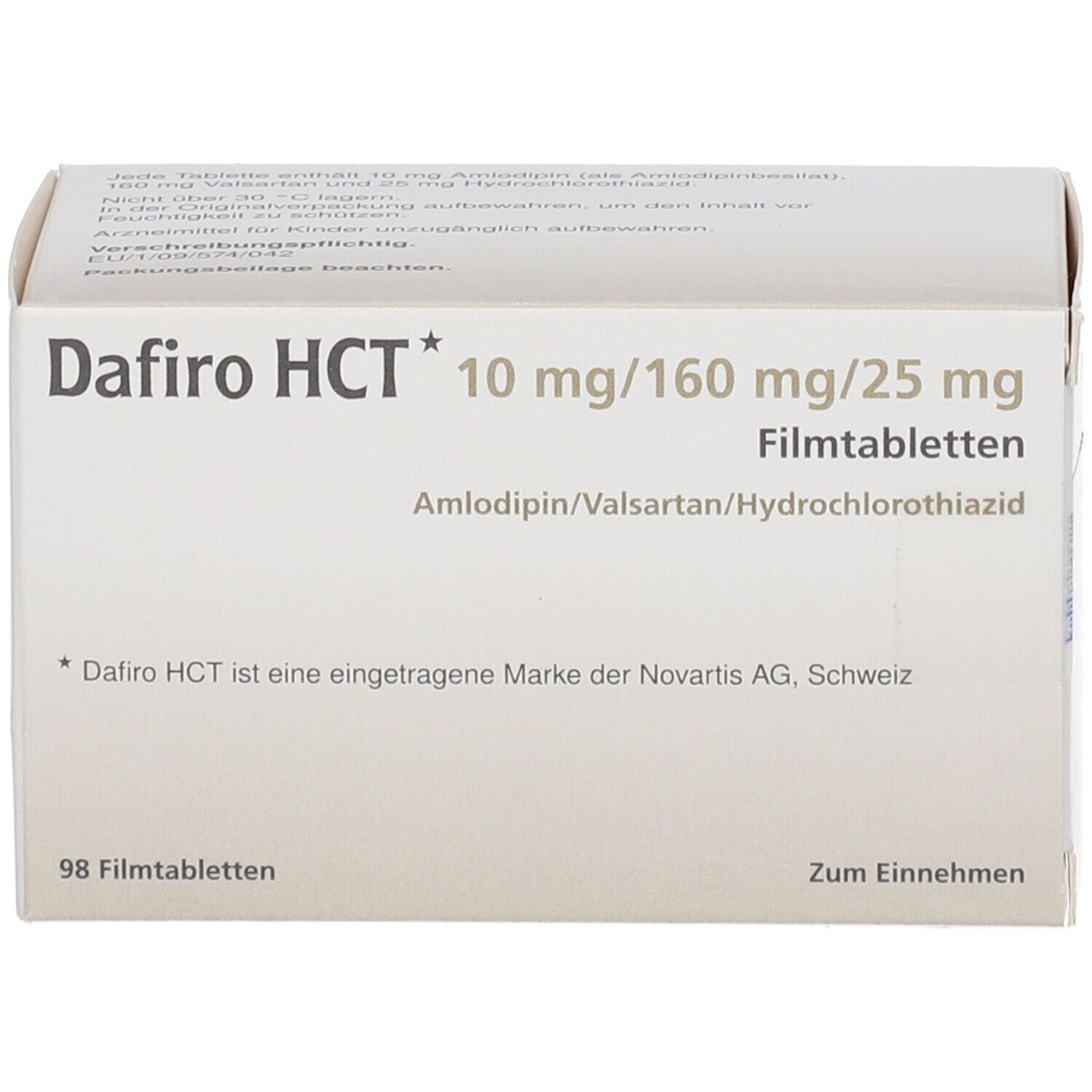 Schachtel mit Dafiro HCT 10 mg/160 mg/25 mg Filmtabletten. Aufschrift: Amlodipin/Valsartan/Hydrochlorothiazid. 98 Filmtabletten.