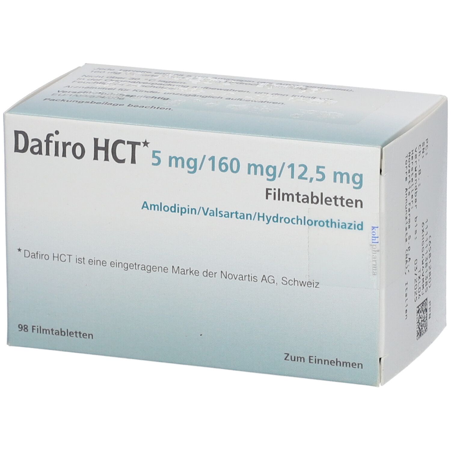 Schachtel mit Dafiro HCT 5 mg/160 mg/12,5 mg Filmtabletten. Aufschrift: Amlodipin/Valsartan/Hydrochlorothiazid. 98 Filmtabletten.