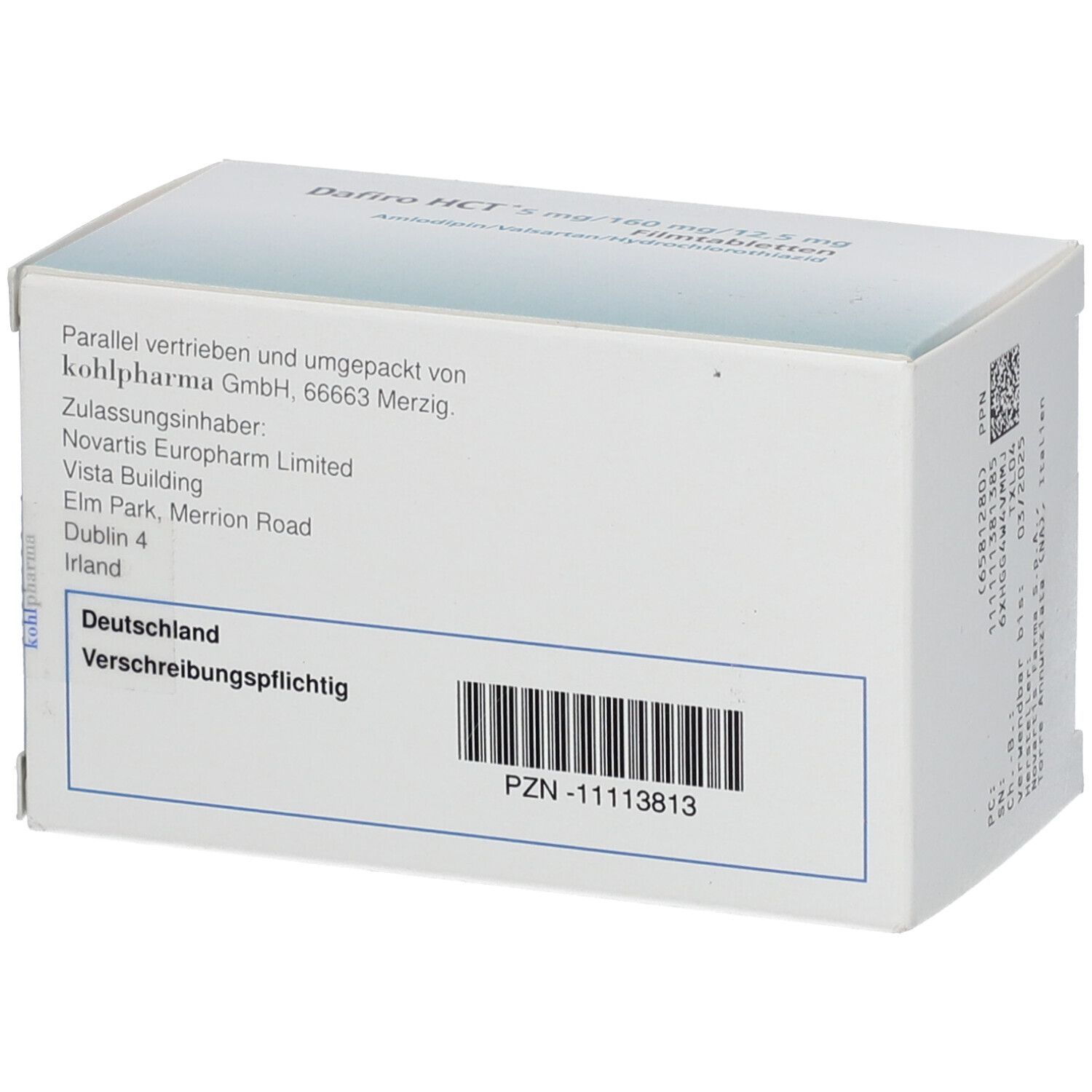 Rückseite der Schachtel mit Dafiro HCT 5 mg/160 mg/12,5 mg Filmtabletten. Barcode und Text.