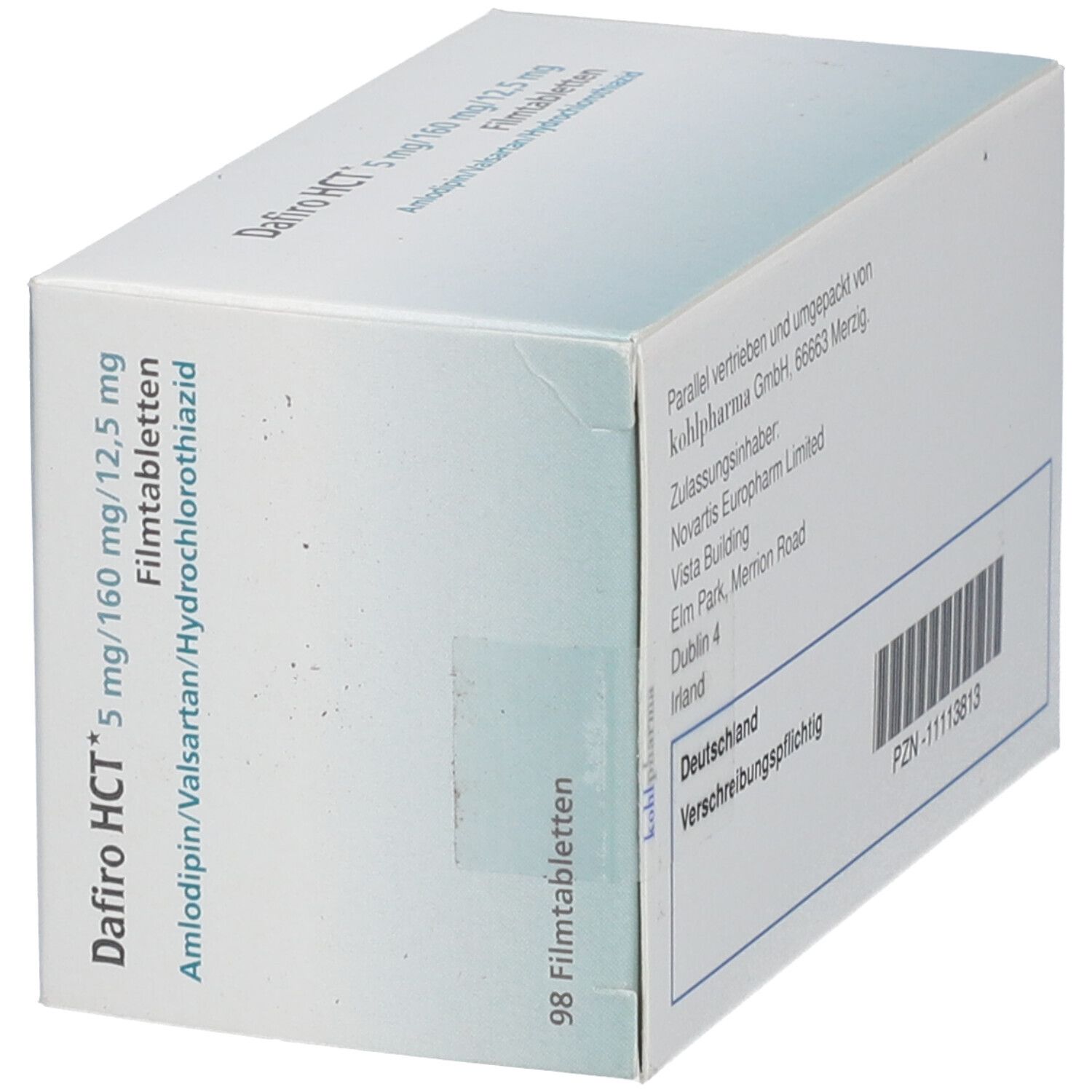 Schachtel mit Dafiro HCT 5 mg/160 mg/12,5 mg Filmtabletten. Aufschrift: Amlodipin/Valsartan/Hydrochlorothiazid. 98 Filmtabletten.