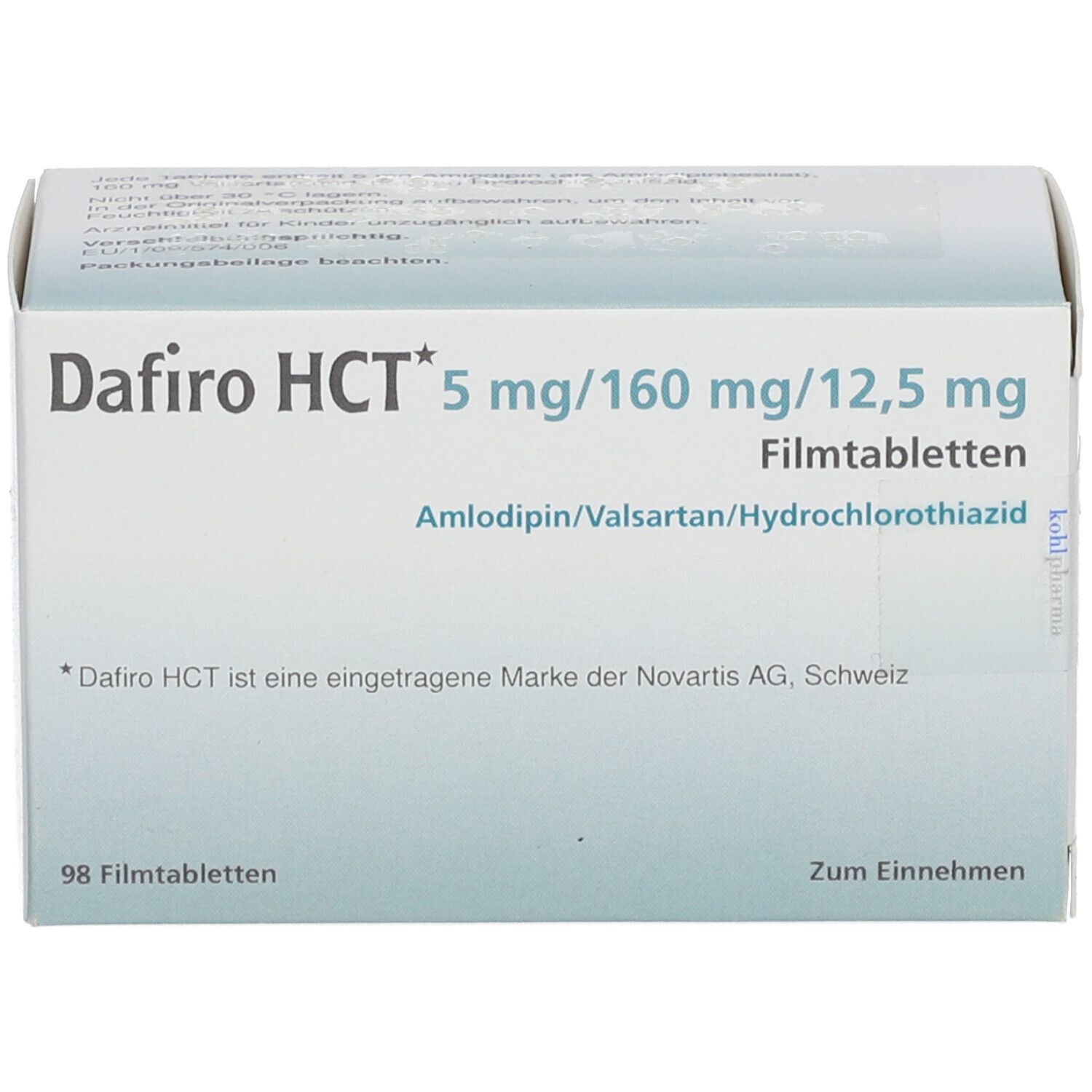Schachtel mit Dafiro HCT 5 mg/160 mg/12,5 mg Filmtabletten. Aufschrift: Amlodipin/Valsartan/Hydrochlorothiazid. 98 Filmtabletten.