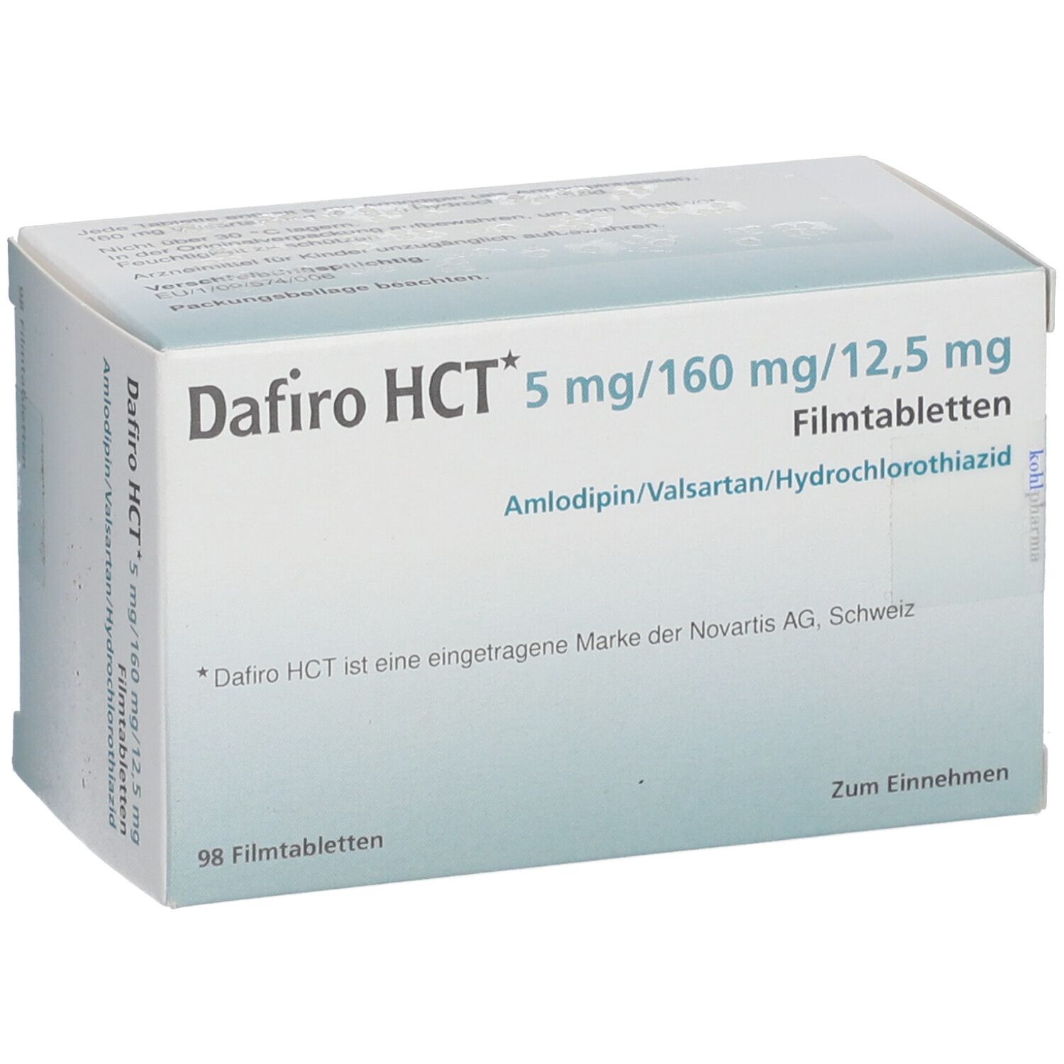 Schachtel mit Dafiro HCT 5 mg/160 mg/12,5 mg Filmtabletten. Aufschrift: Amlodipin/Valsartan/Hydrochlorothiazid. 98 Filmtabletten.