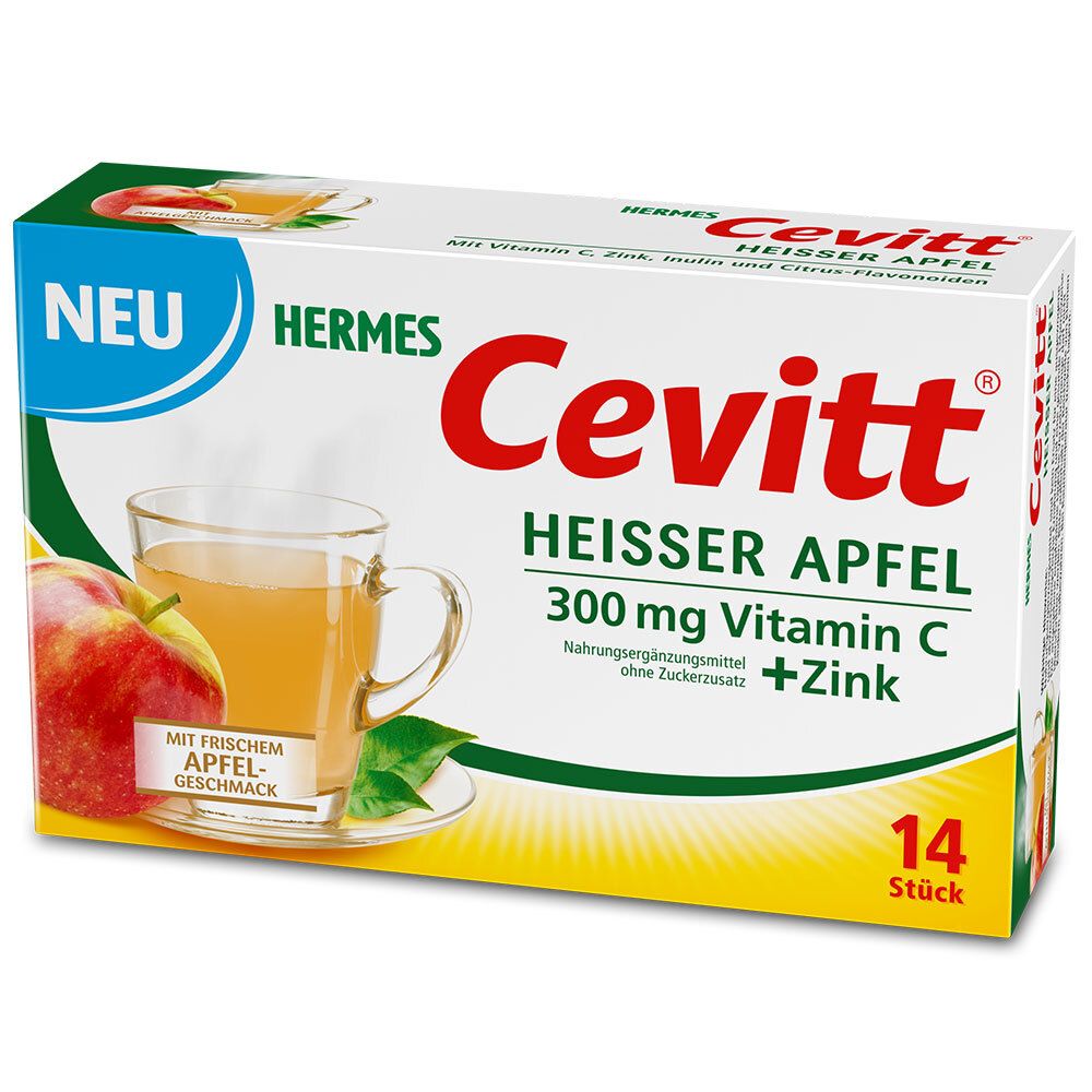 Cevitt Heisser Apfel Packung. Enthält 14 Beutel. Aufdruck: 300 mg Vitamin C + Zink. Hermes Logo. Abbildung von Apfel und Getränk.