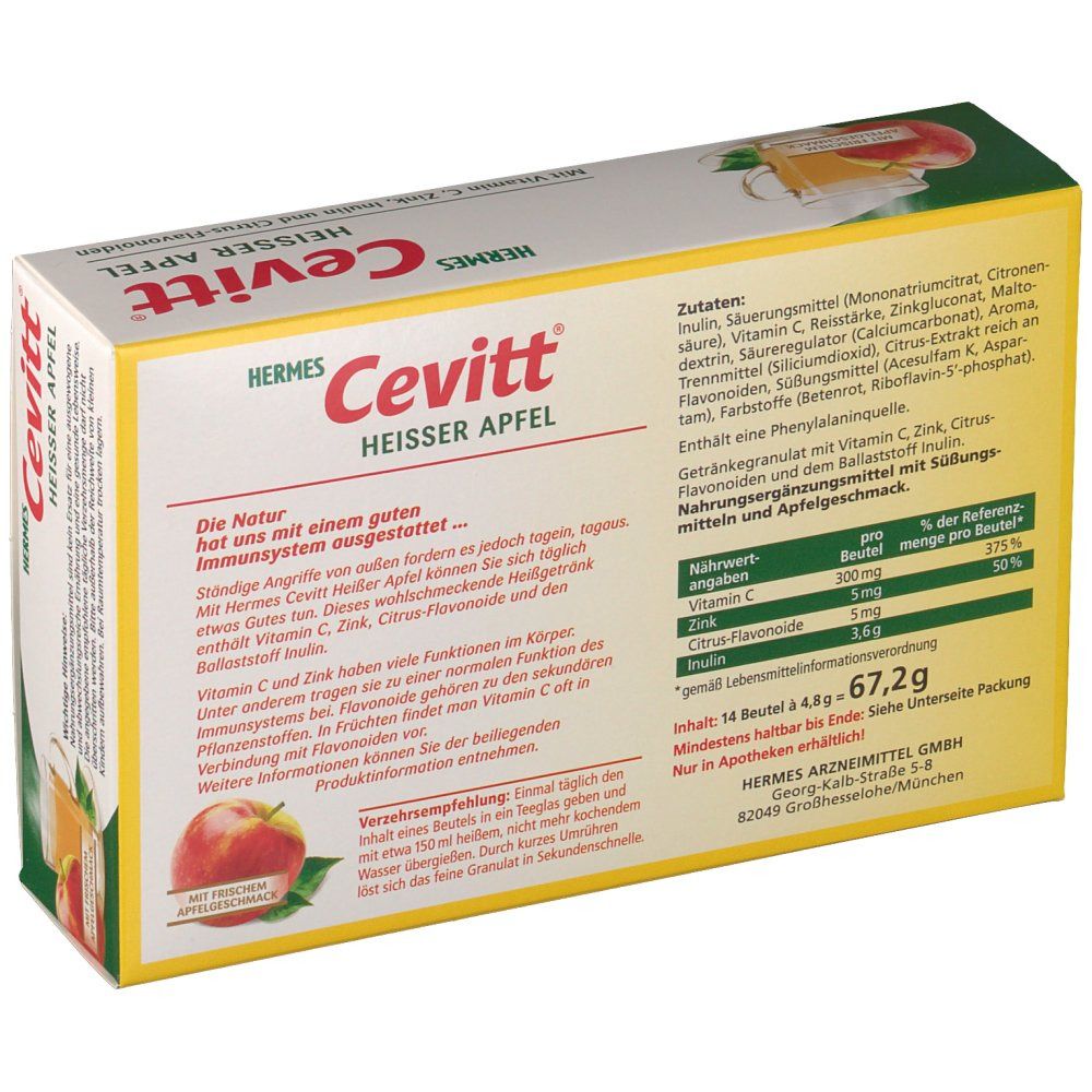 Rückseite der Cevitt Heisser Apfel Packung. Enthält Informationen zu Inhaltsstoffen und Nährwerten. Hermes Logo. Abbildung von Apfel.