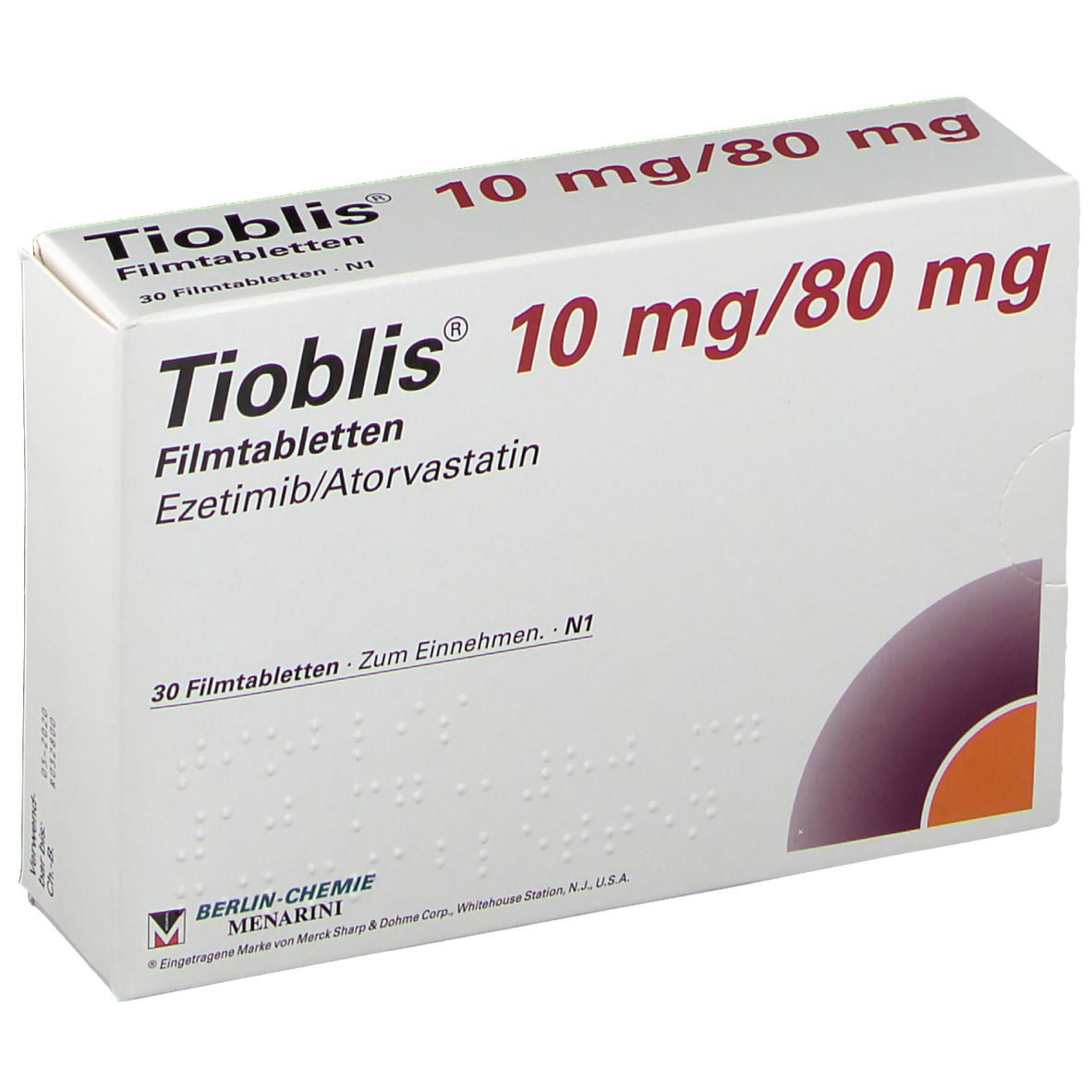 Schachtel mit "Tioblis 10 mg/80 mg Filmtabletten". Aufschrift: "30 Filmtabletten". Logo von Berlin-Chemie Menarini.