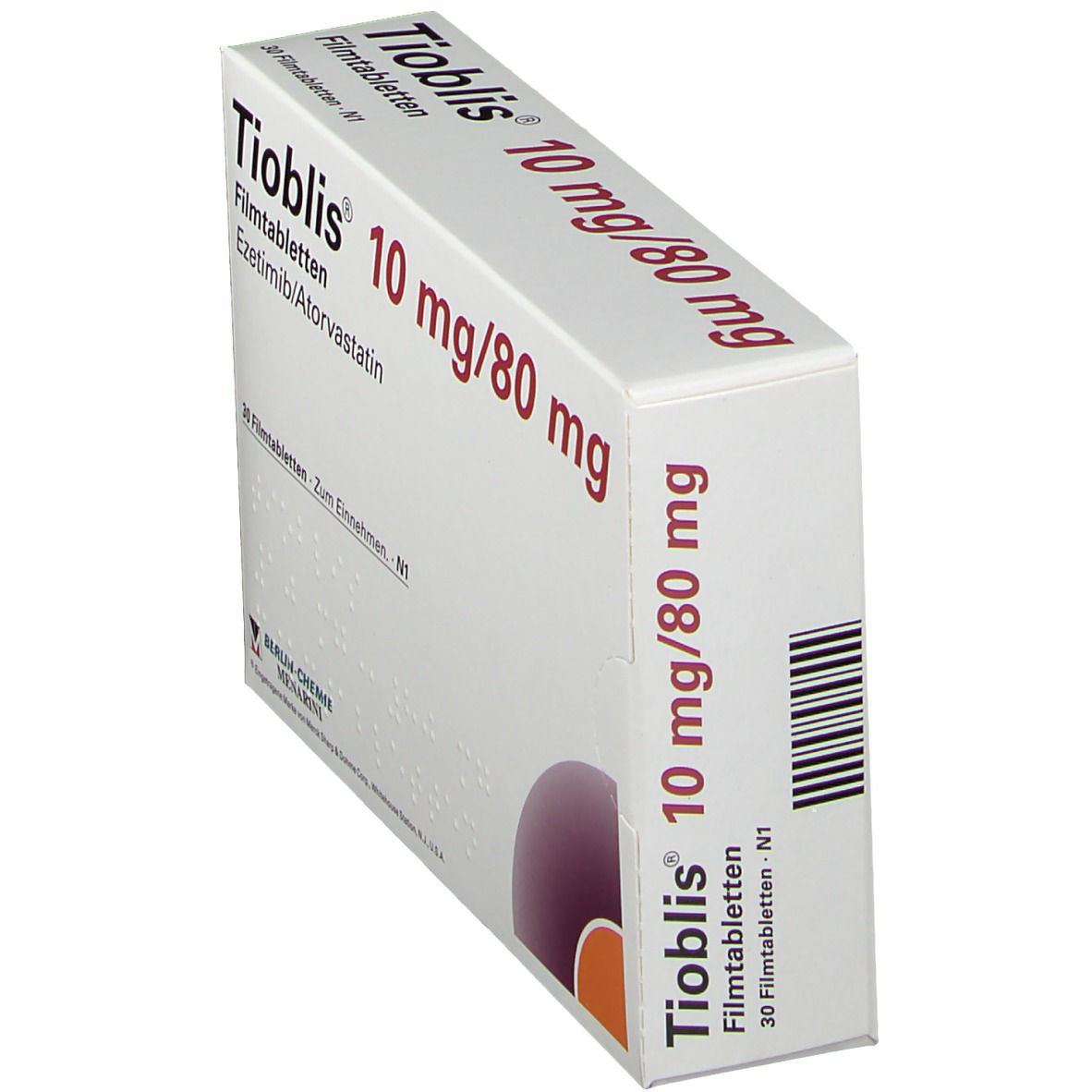 Schachtel "Tioblis 10 mg/80 mg Filmtabletten" in Schrägansicht. Aufschrift: "30 Filmtabletten". Barcode auf der Seite.