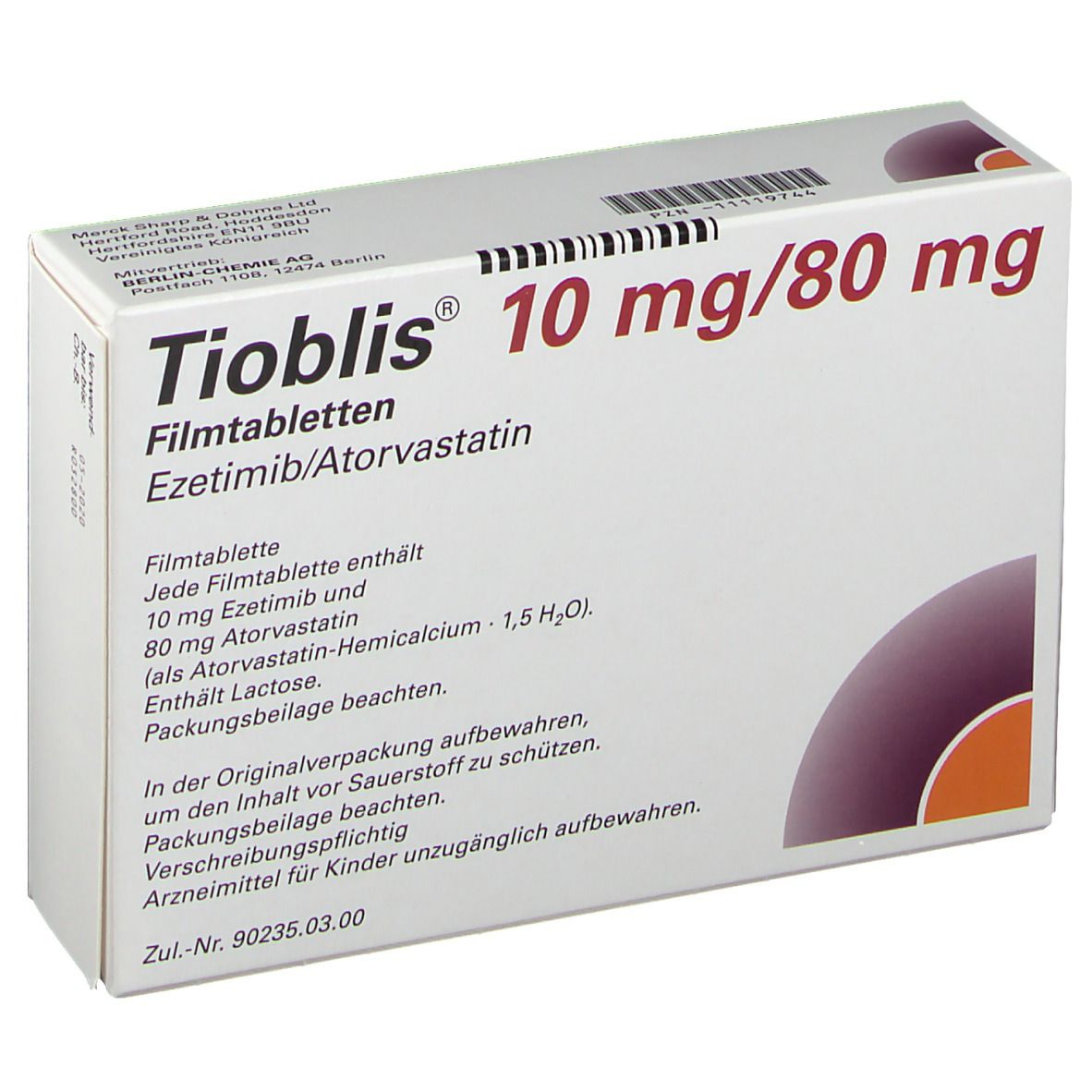 Schachtel "Tioblis 10 mg/80 mg Filmtabletten". Text: "Jede Filmtablette enthält 10 mg Ezetimib und 80 mg Atorvastatin".