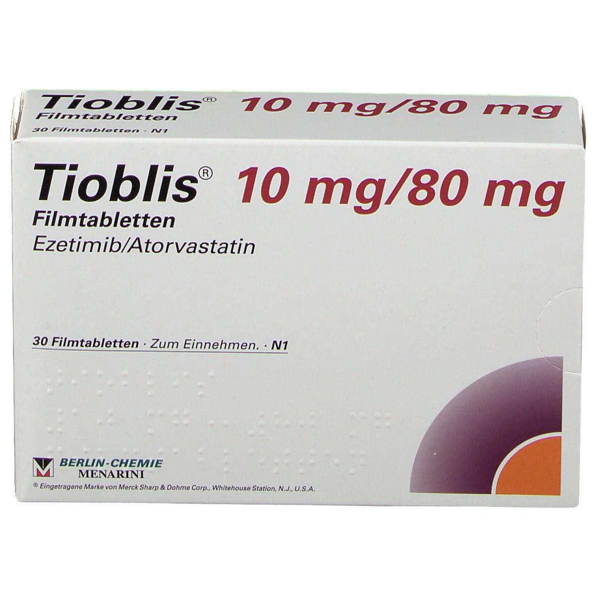 Schachtel "Tioblis 10 mg/80 mg Filmtabletten". Aufschrift: "30 Filmtabletten". Logo von Berlin-Chemie Menarini.