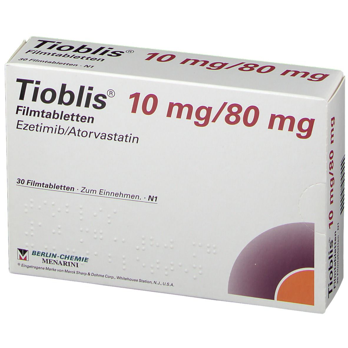 Schachtel "Tioblis 10 mg/80 mg Filmtabletten". Aufschrift: "30 Filmtabletten". Logo von Berlin-Chemie Menarini.