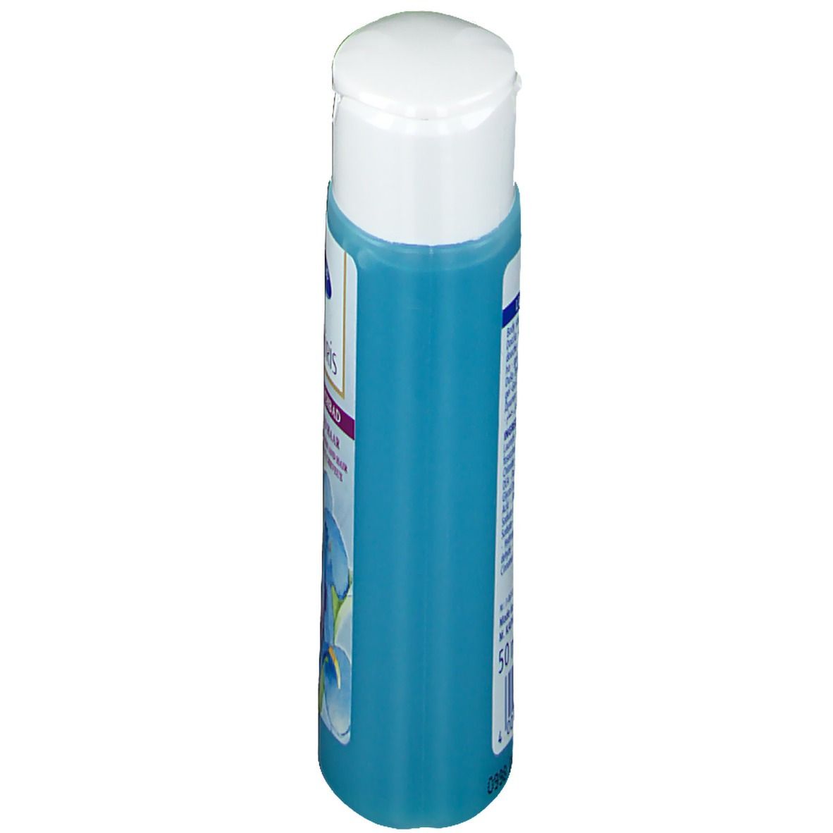 Duschbadflasche, blau, mit weißem Deckel. Seitenansicht. Aufschrift nicht lesbar.