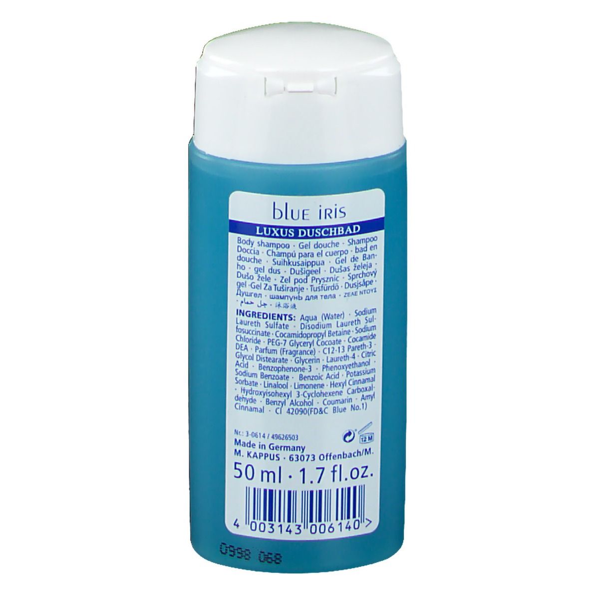 Rückseite einer blauen Duschbadflasche. Aufschrift: Blue Iris, Luxus Duschbad, Inhaltsstoffe, 50 ml.