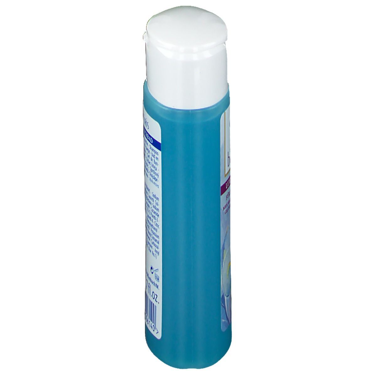Duschbadflasche, blau, mit weißem Deckel. Seitenansicht. Aufschrift nicht lesbar.