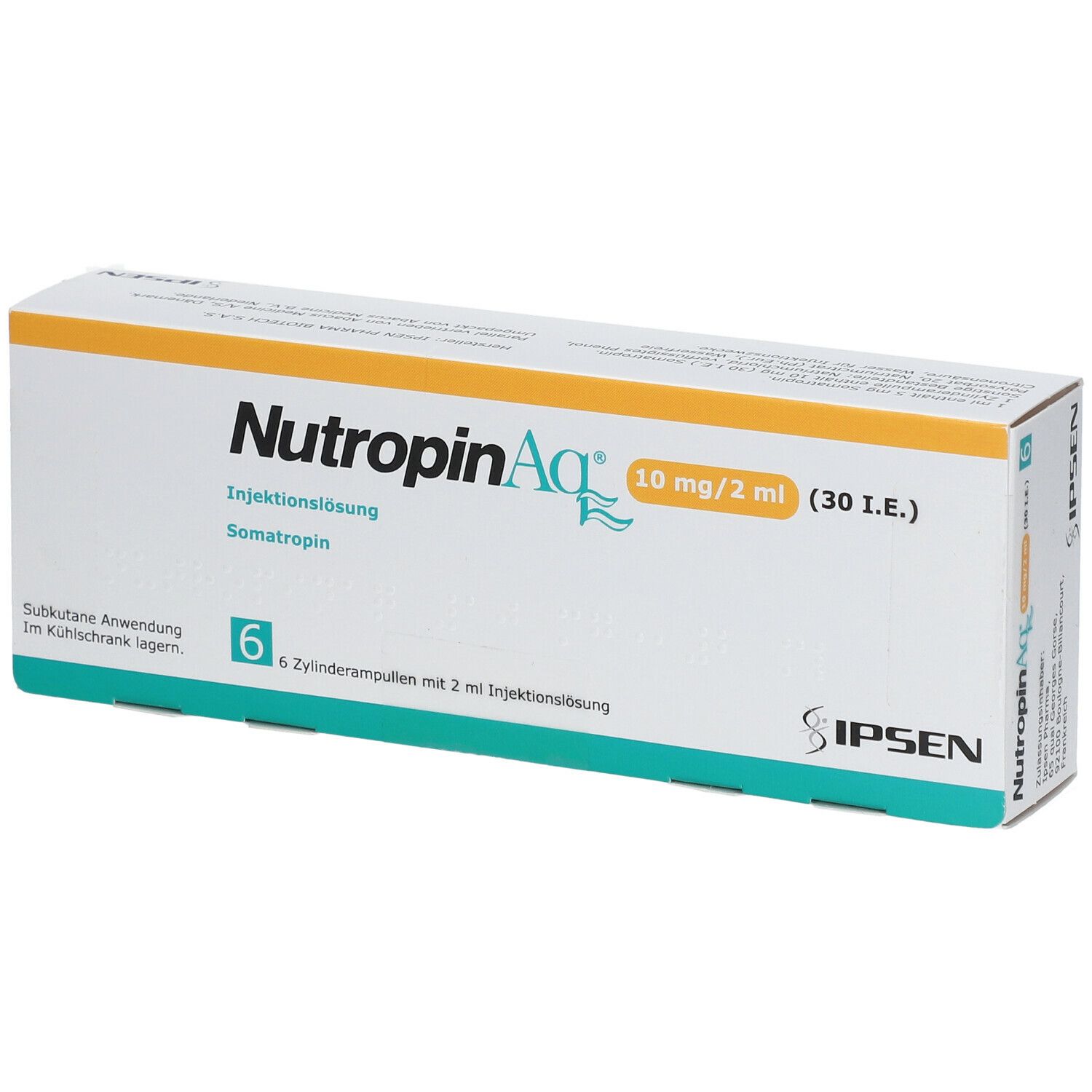Karton mit NUTROPINAQ, 10 mg/2 ml Injektionslösung. Enthält 6 Zylinderampullen. Marke IPSEN.