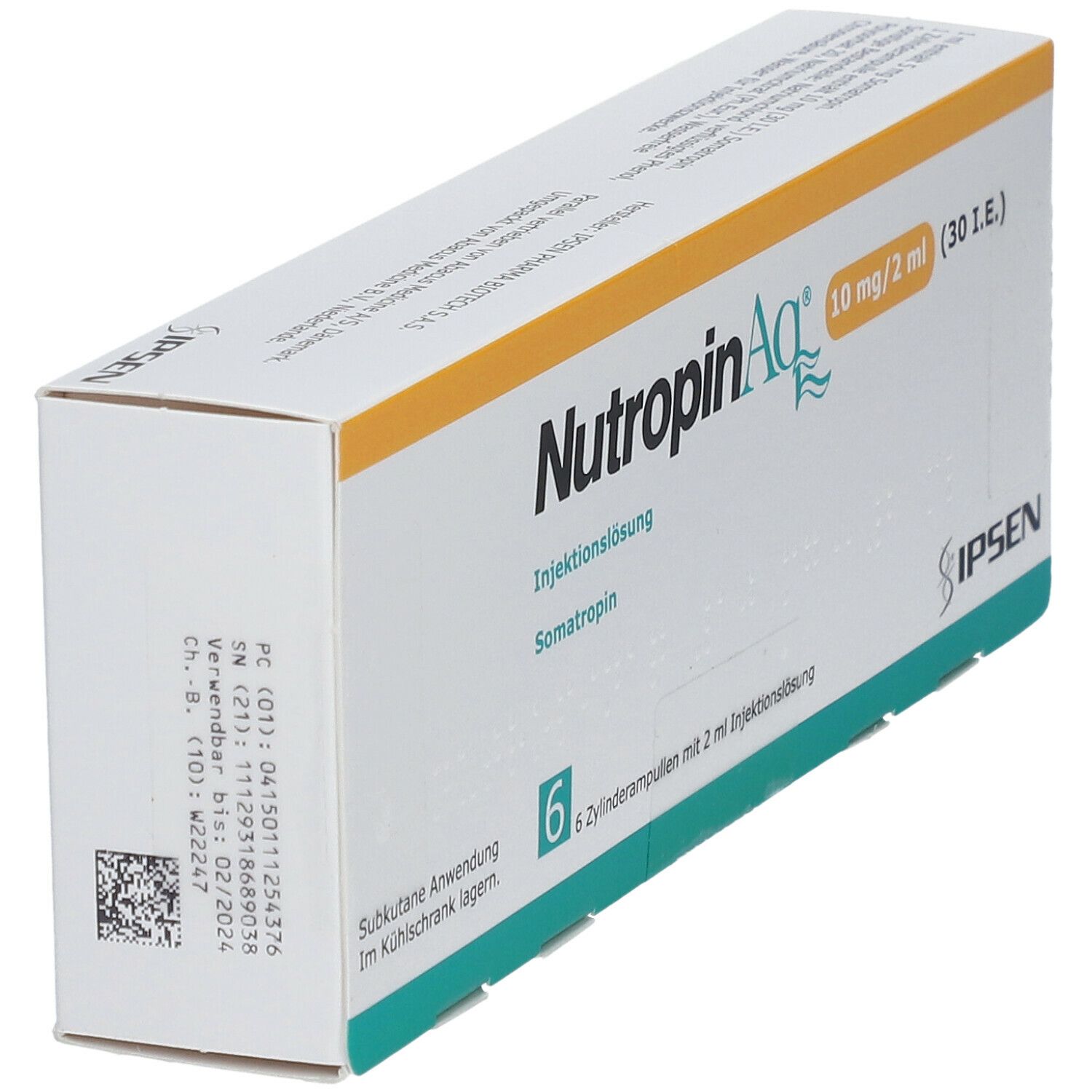 Karton NUTROPINAQ, 10 mg/2 ml Injektionslösung. 6 Zylinderampullen. Marke IPSEN. Detailansicht.