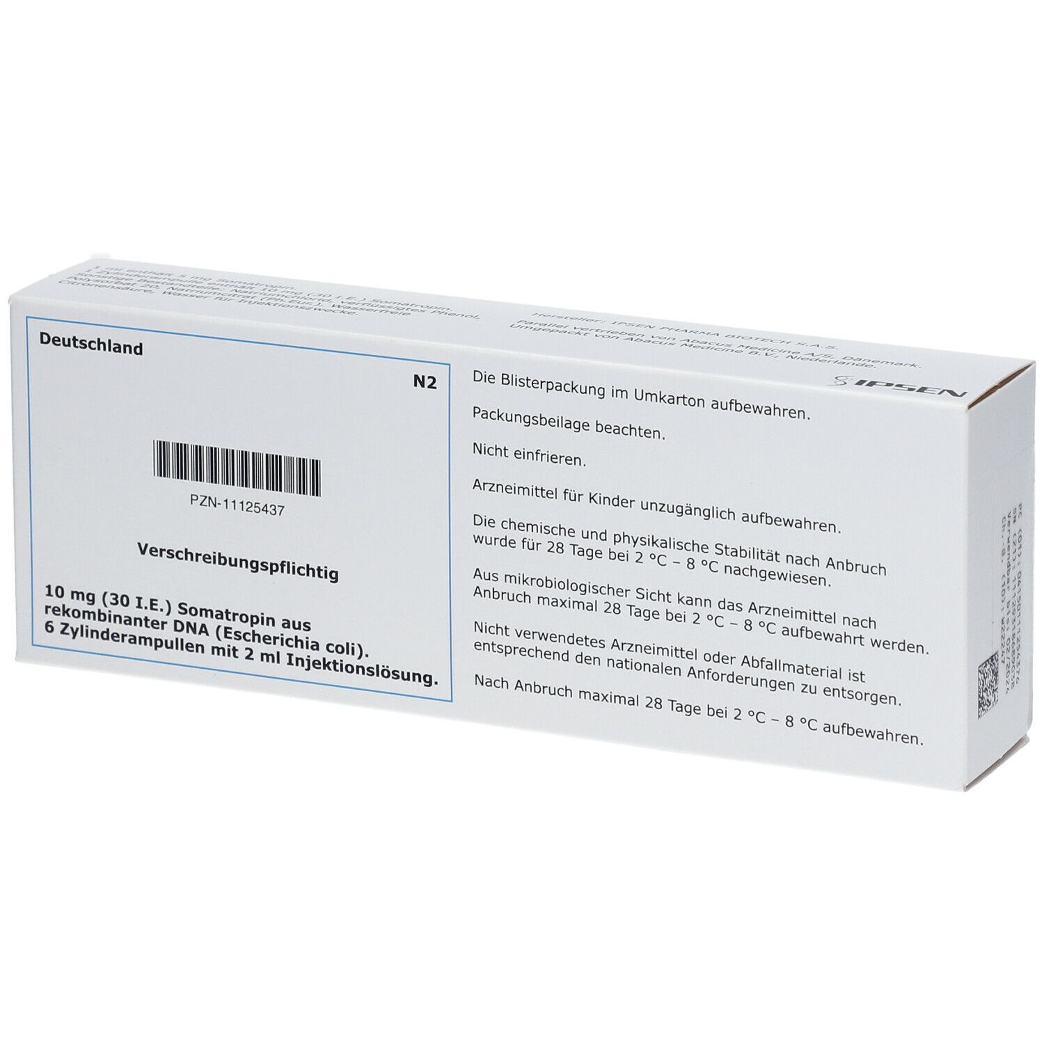 Rückseite der NUTROPINAQ-Verpackung. Text: 10 mg (30 I.E.) Somatropin, 6 Zylinderampullen. Herstellerinformationen.