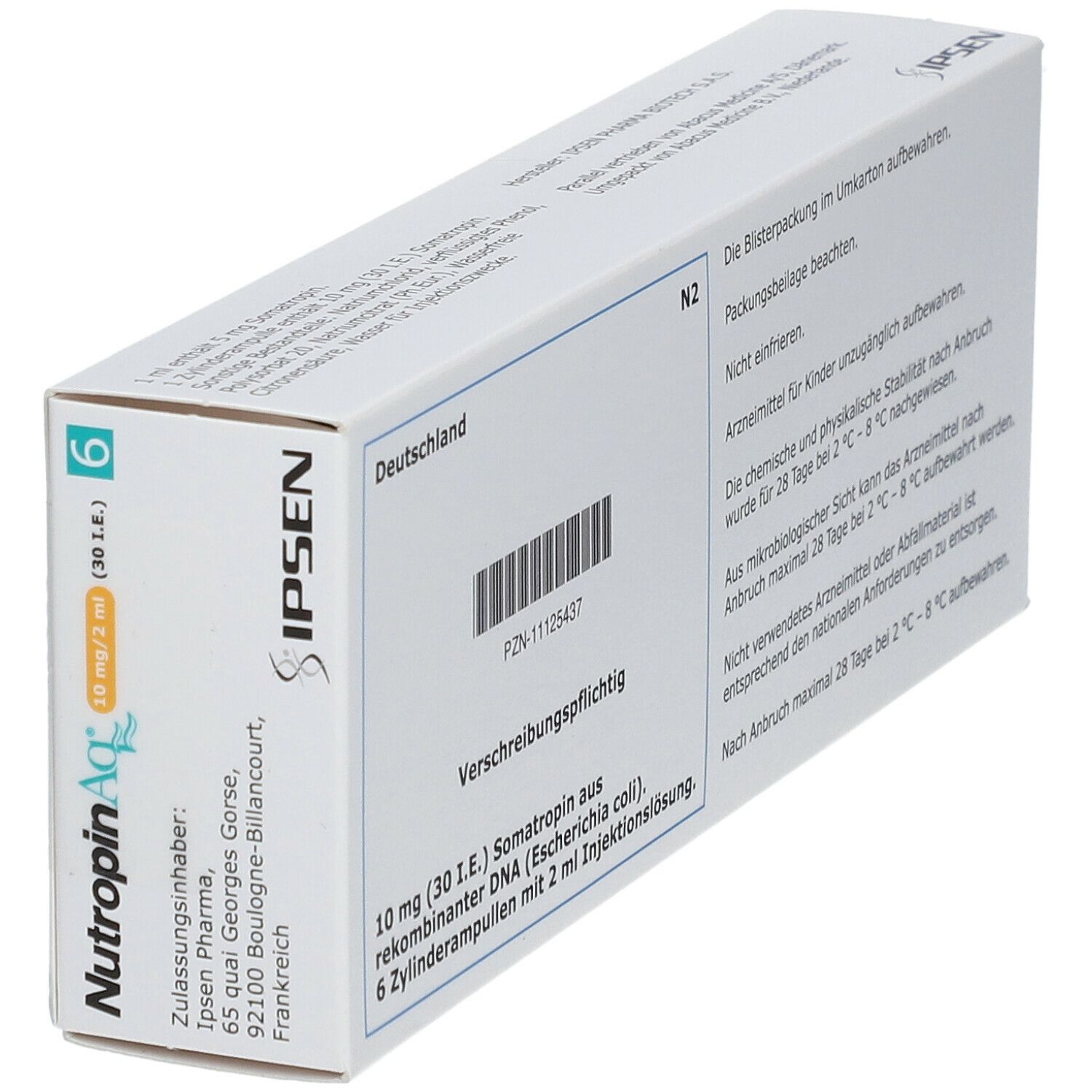 Karton NUTROPINAQ, 10 mg/2 ml Injektionslösung. 6 Zylinderampullen. Marke IPSEN. Detailansicht.