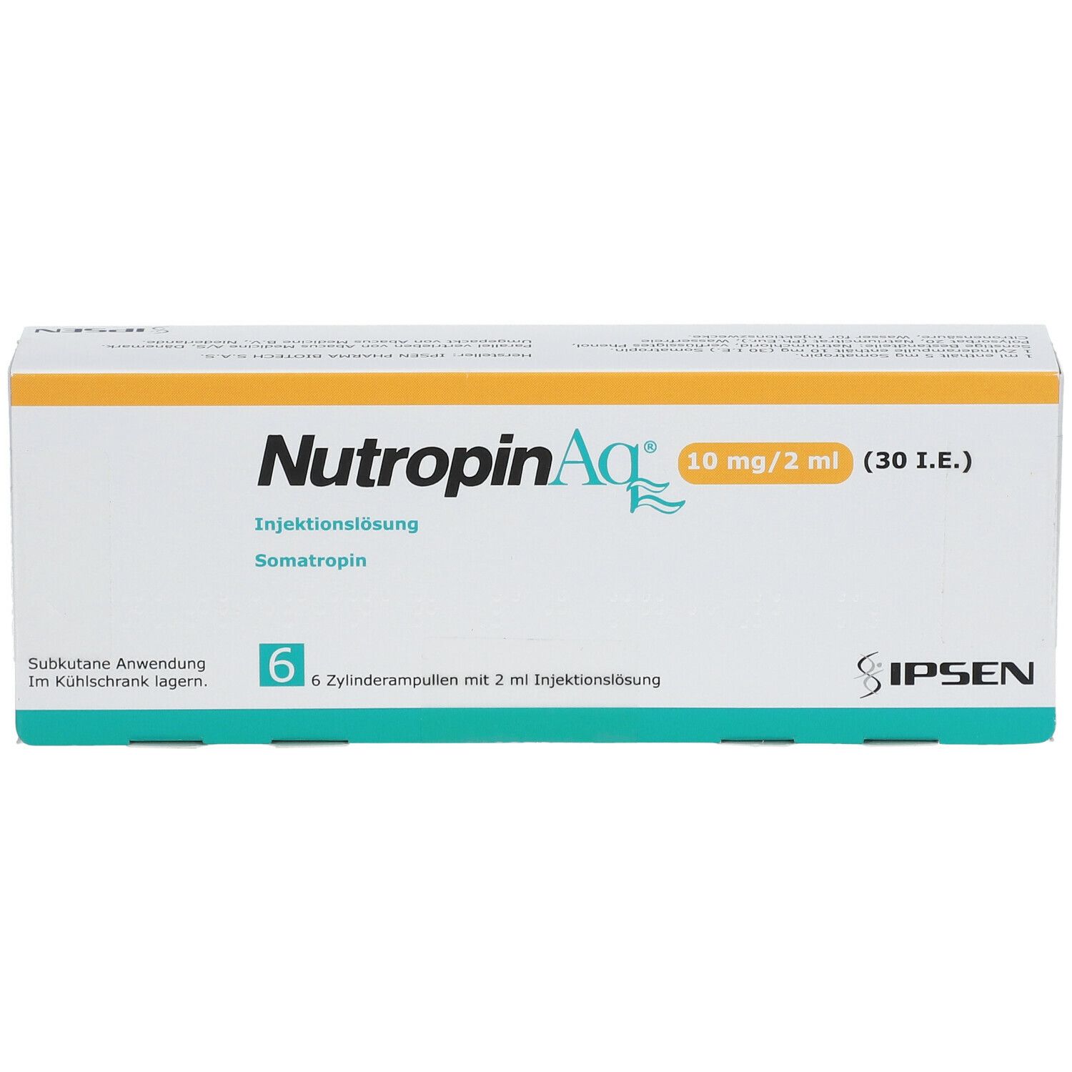 Karton NUTROPINAQ, 10 mg/2 ml Injektionslösung. 6 Zylinderampullen. Marke IPSEN.