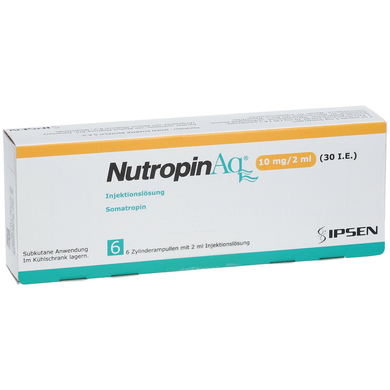 Karton NUTROPINAQ, 10 mg/2 ml Injektionslösung. 6 Zylinderampullen. Marke IPSEN.