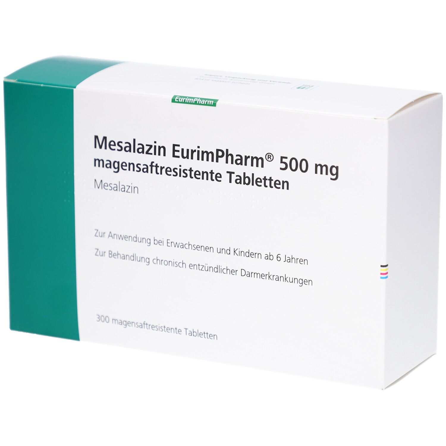 Weiße Schachtel mit grünen Akzenten. Aufschrift: Mesalazin EurimPharm 500 mg magensaftresistente Tabletten. 300 Tabletten.