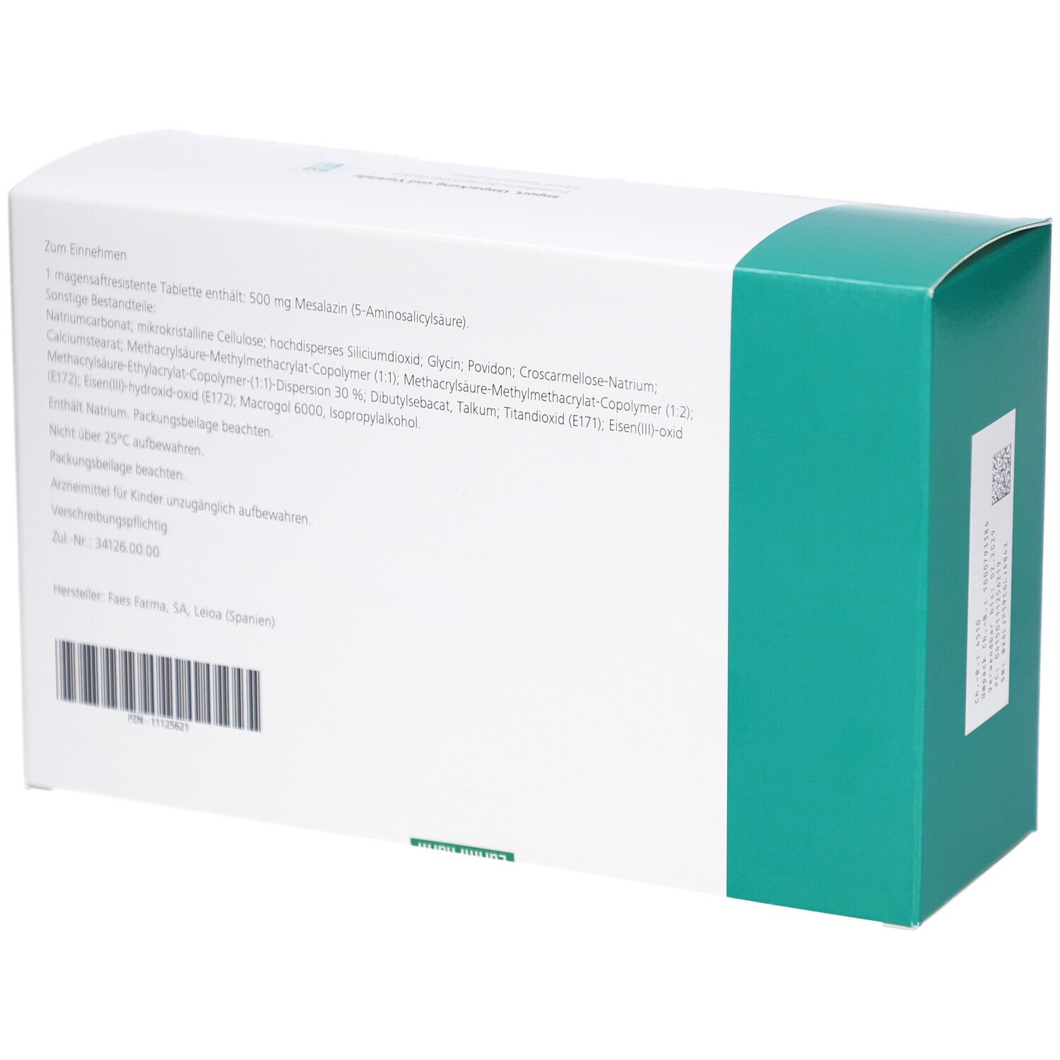 Rückseite der weißen Schachtel mit grünen Seiten. Text mit Inhaltsstoffen und weiteren Informationen. Barcode unten.