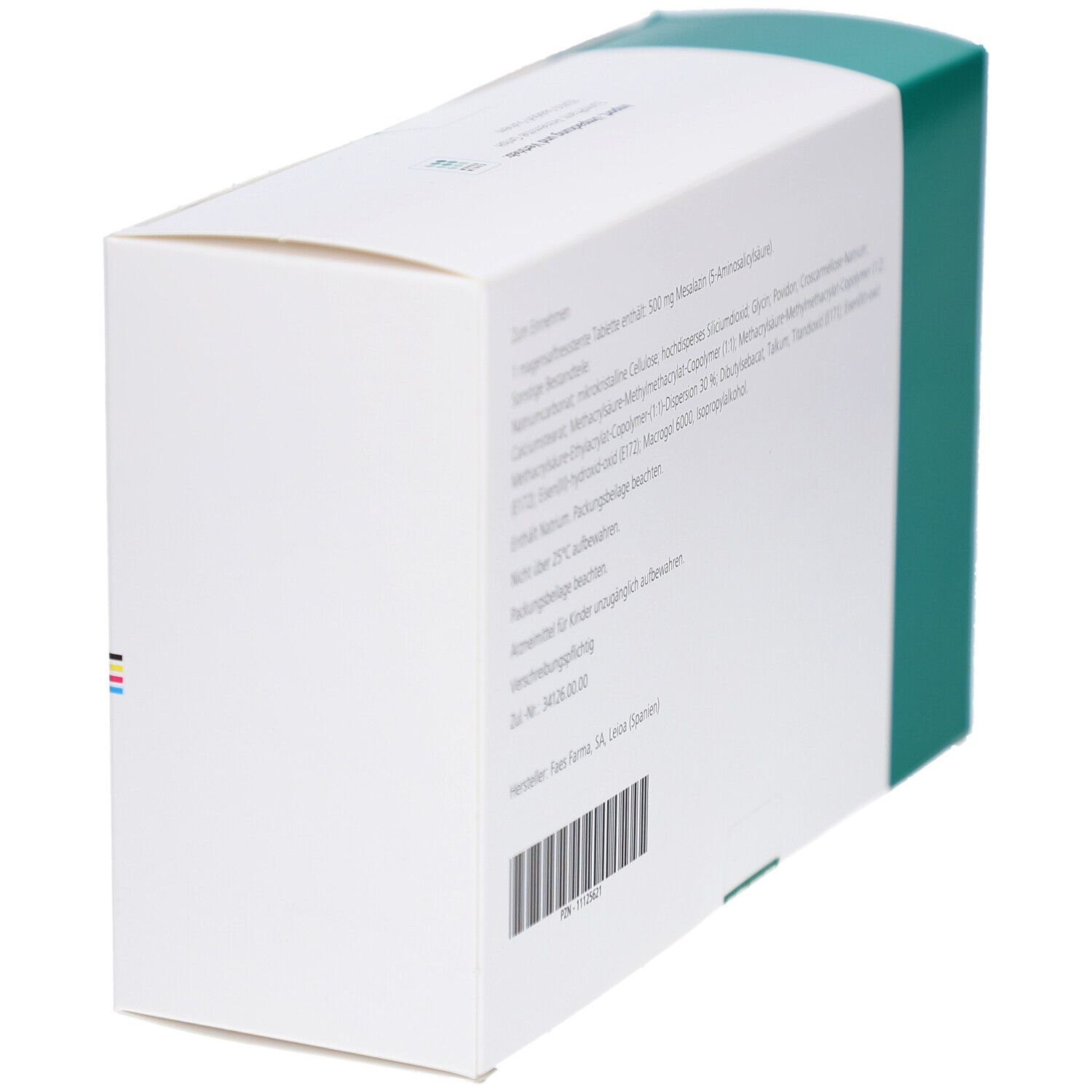 Weiße Schachtel mit grünen Seiten. Text mit Inhaltsstoffen und weiteren Informationen. Barcode unten. Farbstreifen.